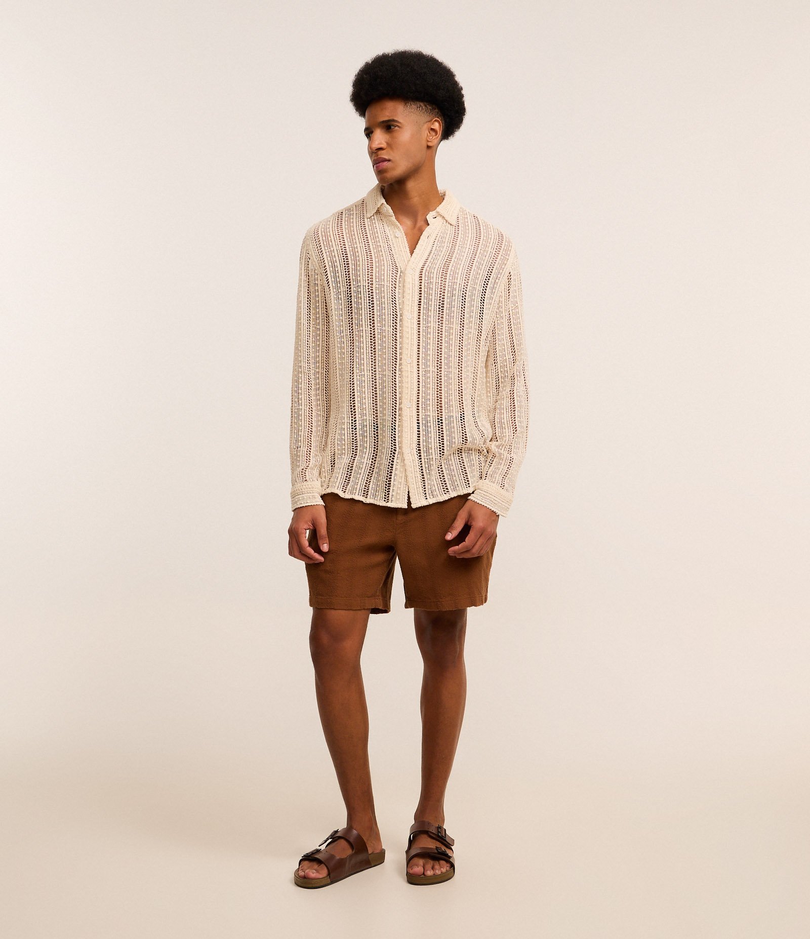 Camisa em Algodão com Textura Efeito Renda Bege 2