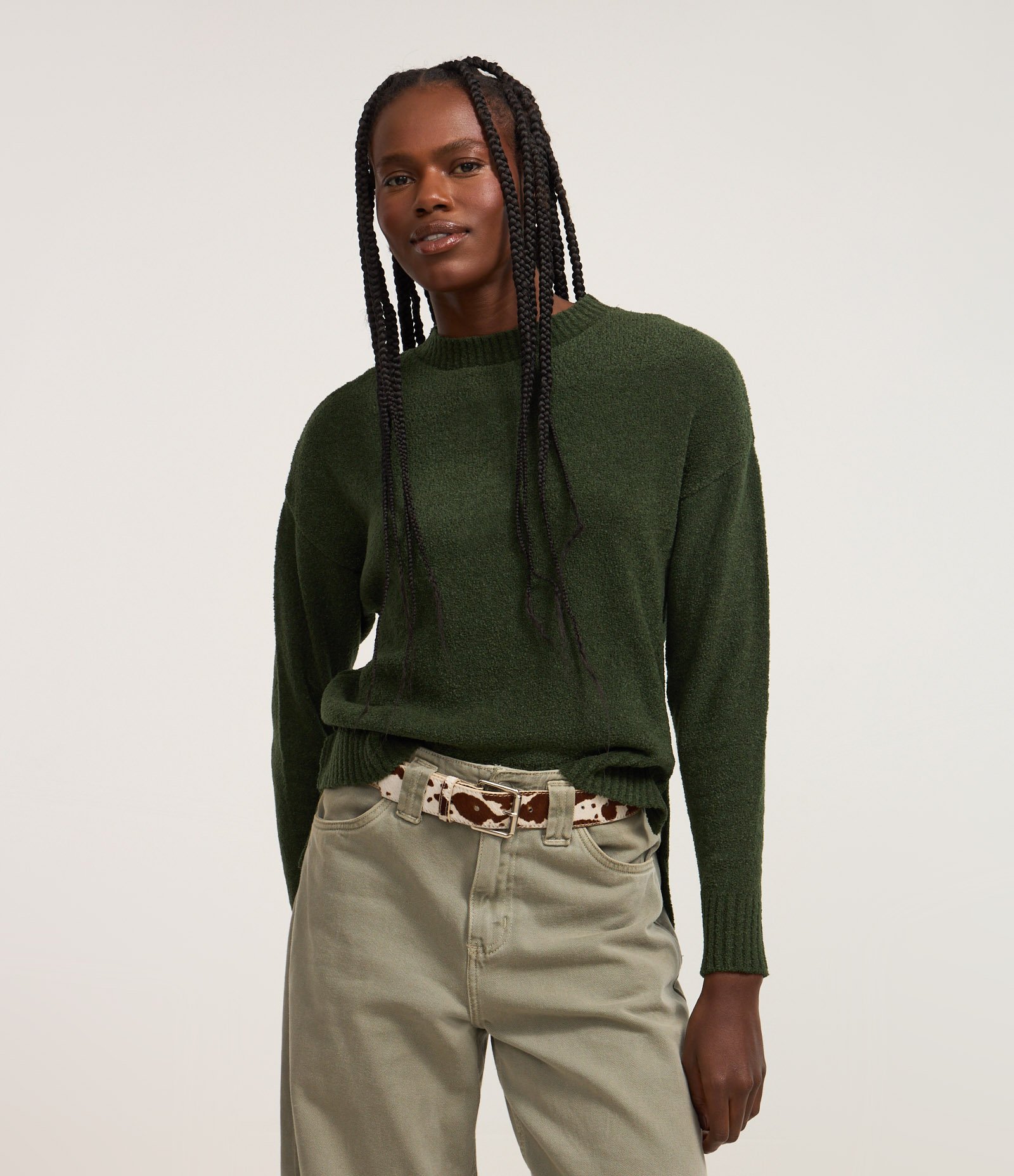 Suéter em Tricô Texturizado com Cava Deslocada Verde 1