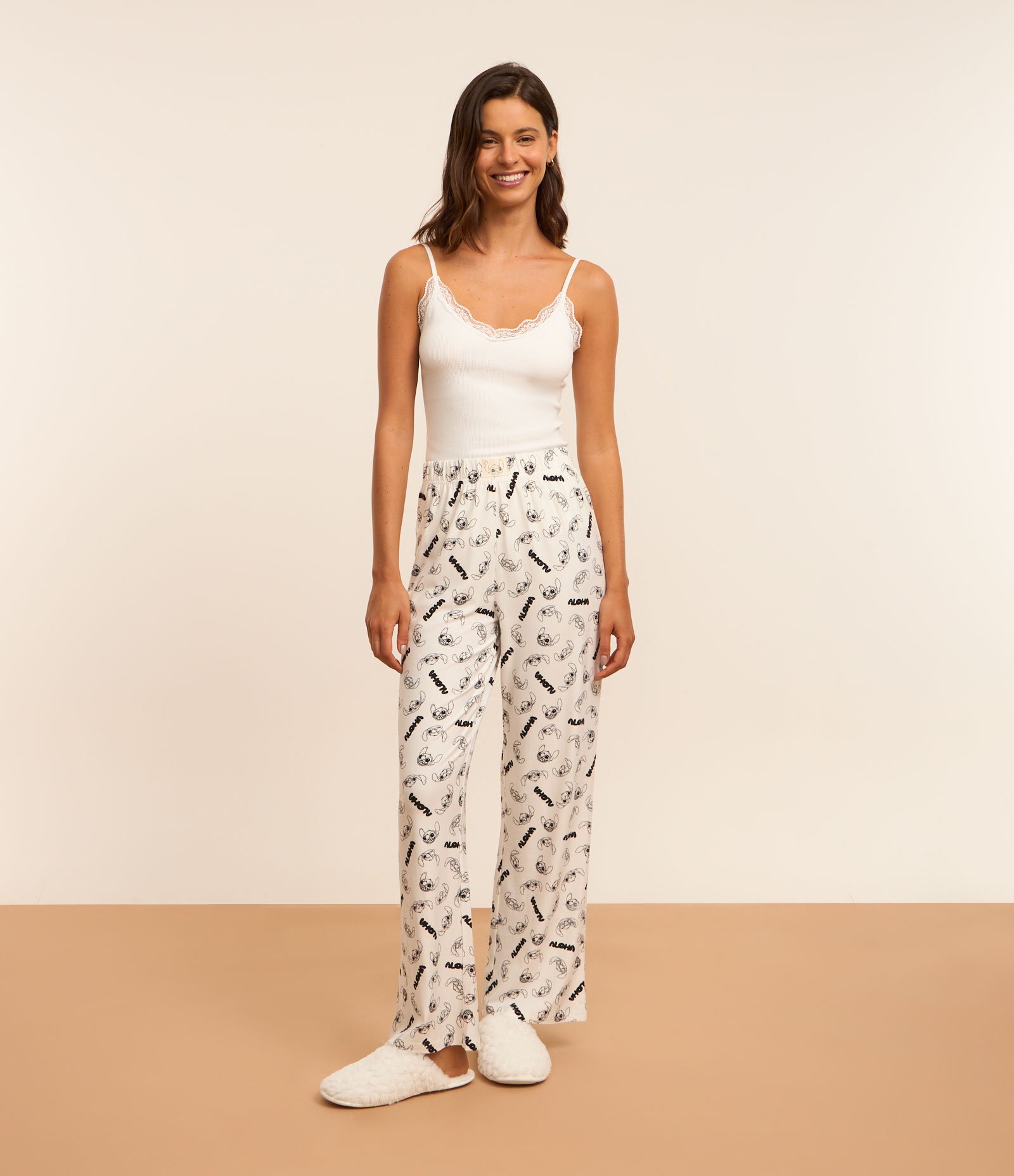 Calça de Pijama em Tecido Toque Suave com Estampa Stitch Branco Neve 1