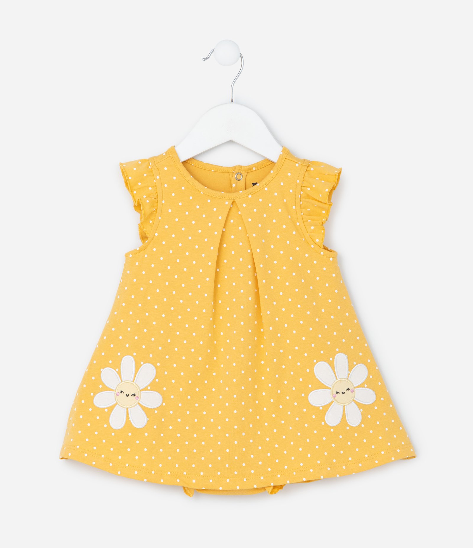 Vestido Body Infantil com Estampa Poá e Bordado de Margarida - Tam 0 a 18 meses Amarelo 1