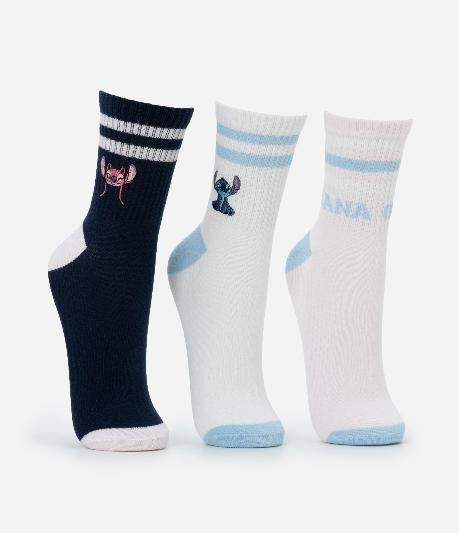 Kit 03 Meias Cano Médio em Algodão com Bordado Stitch e Angel Branco/Preto/Rosa Claro 1