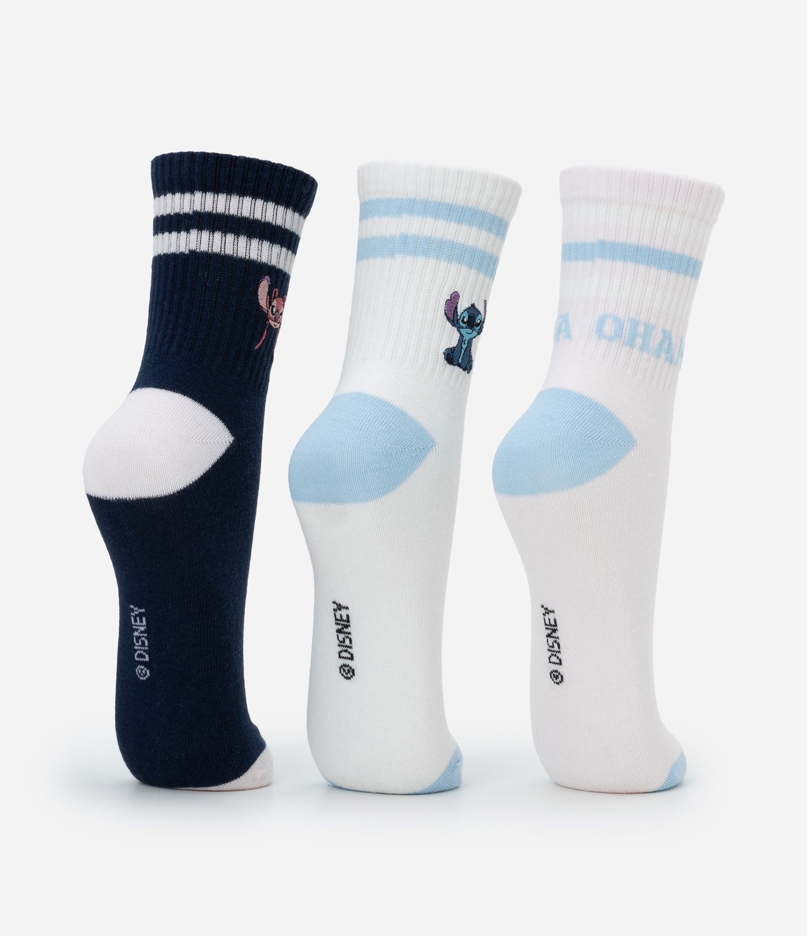 Kit 03 Meias Cano Médio em Algodão com Bordado Stitch e Angel Branco/Preto/Rosa Claro 4