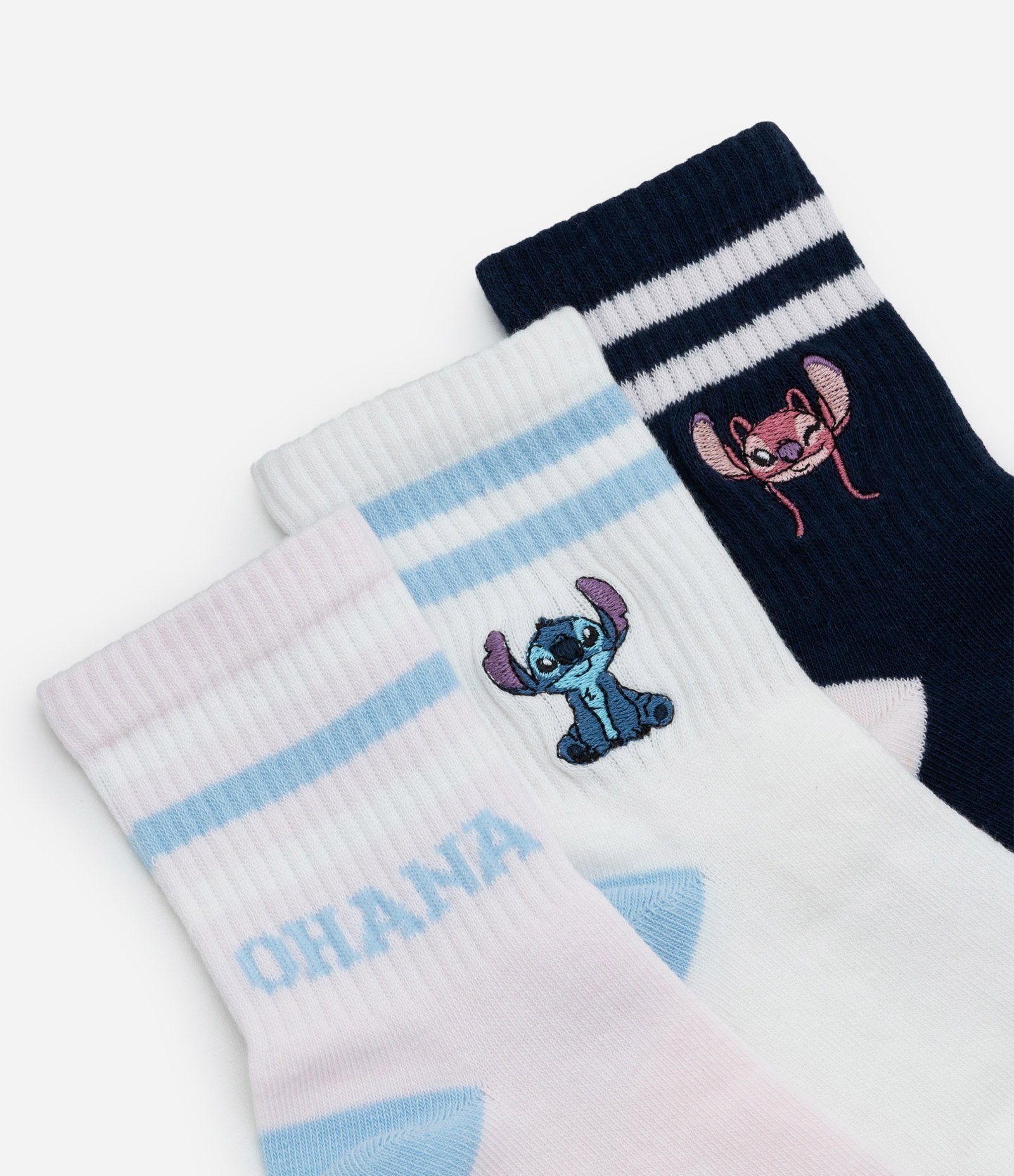 Kit 03 Meias Cano Médio em Algodão com Bordado Stitch e Angel Branco/Preto/Rosa Claro 2
