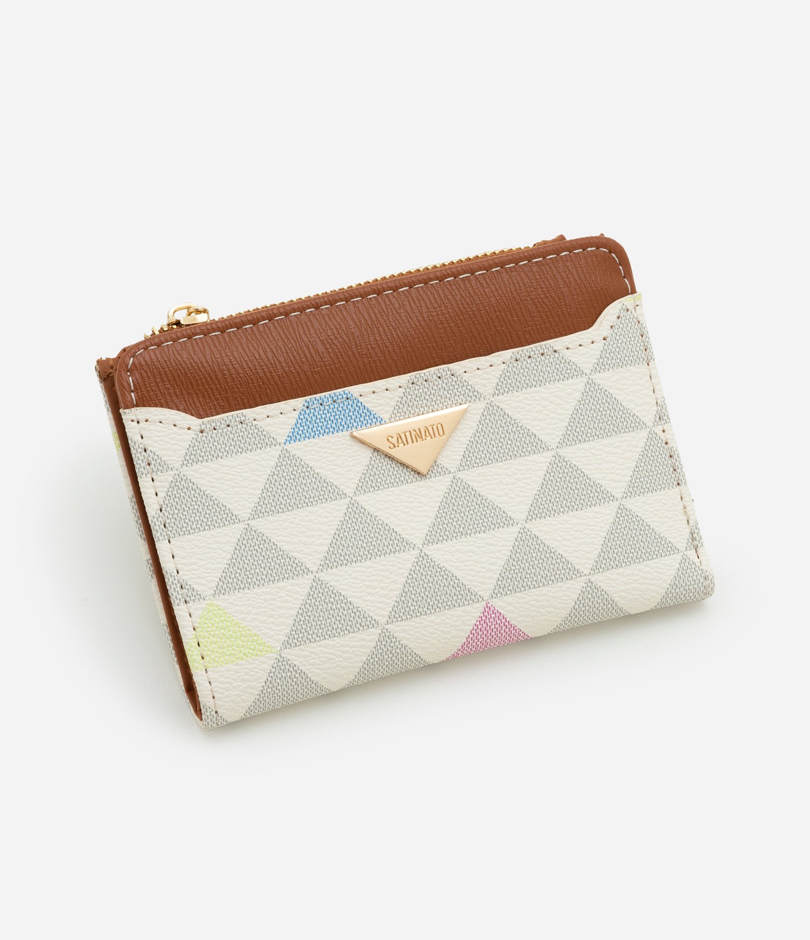Carteira Envelope Pequena em PU com Estampa Triângulos Off White/ Marrom 1