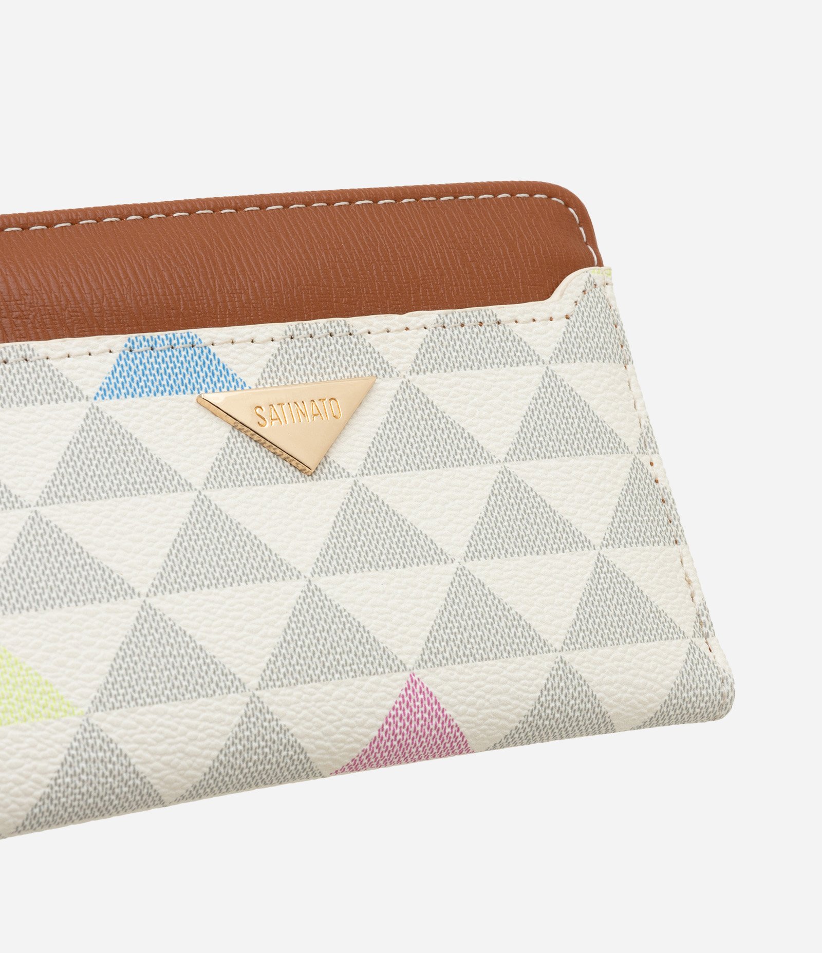 Carteira Envelope Pequena em PU com Estampa Triângulos Off White/ Marrom 3
