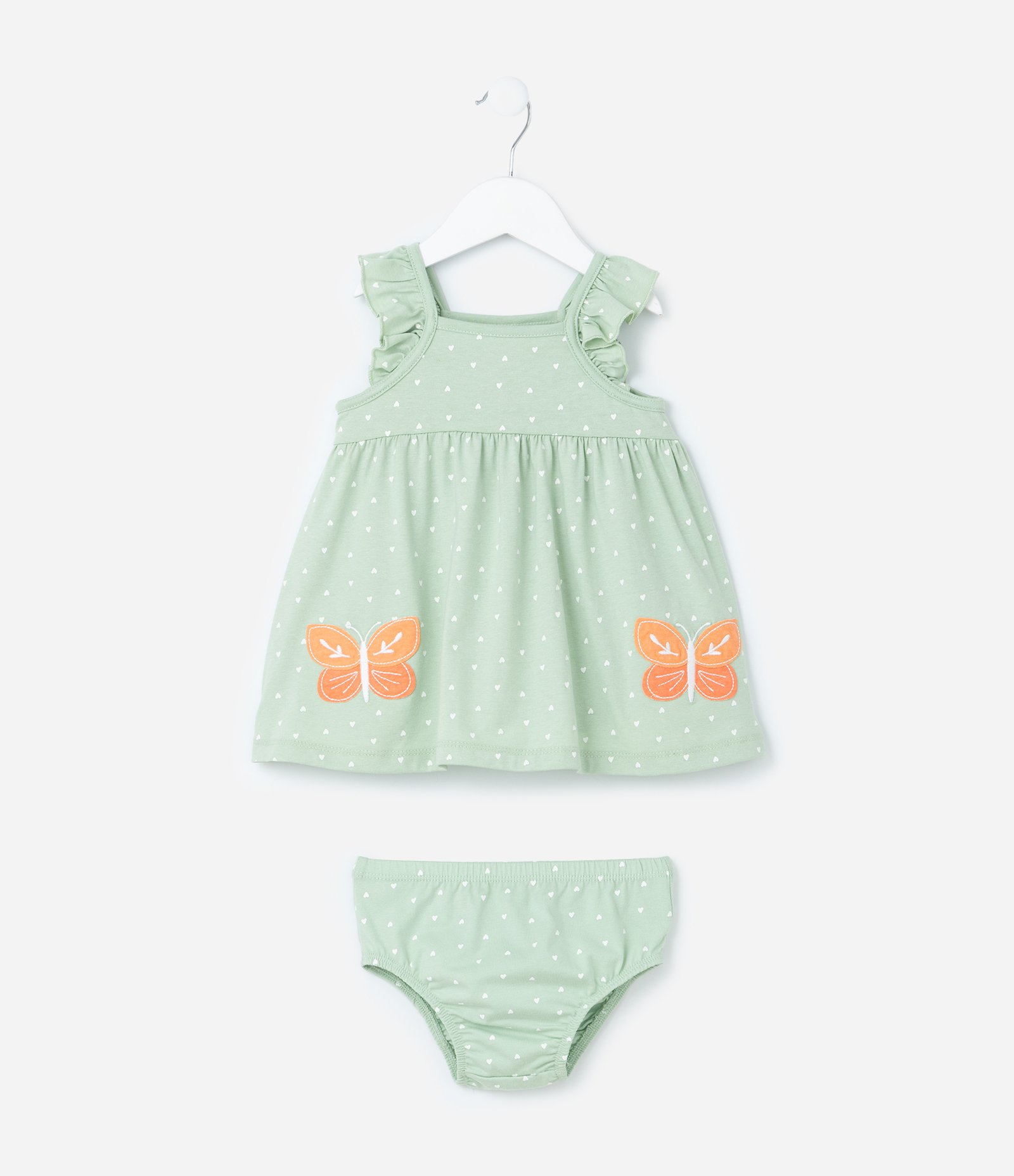 Vestido Infantil com Babadinhos e Bordado Borboleta - Tam 0 a 18 meses Verde 1