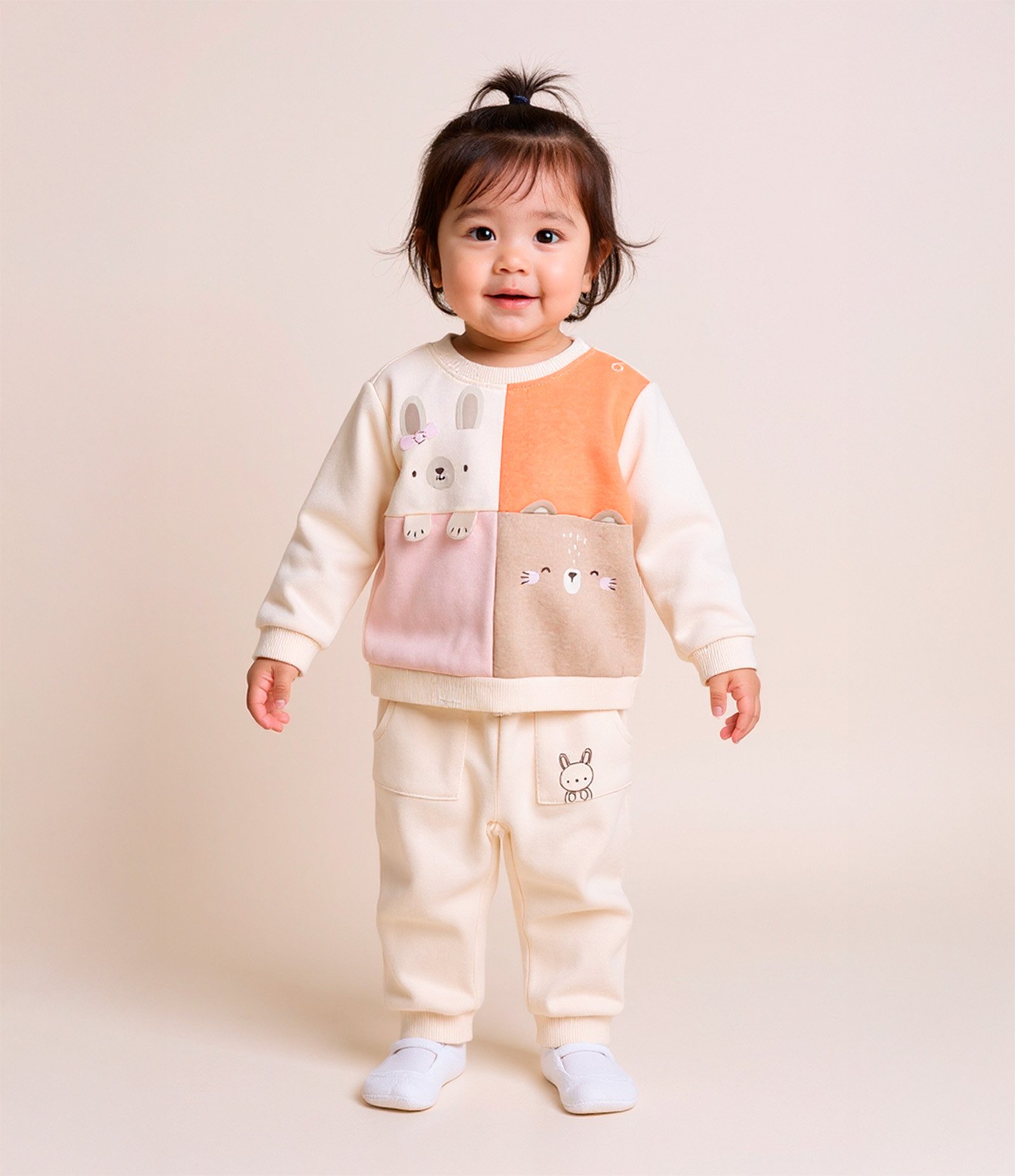 Conjunto Infantil com Recortes e Cara de Bichinhos - Tam 0 a 18 meses Bege/Laranja 2