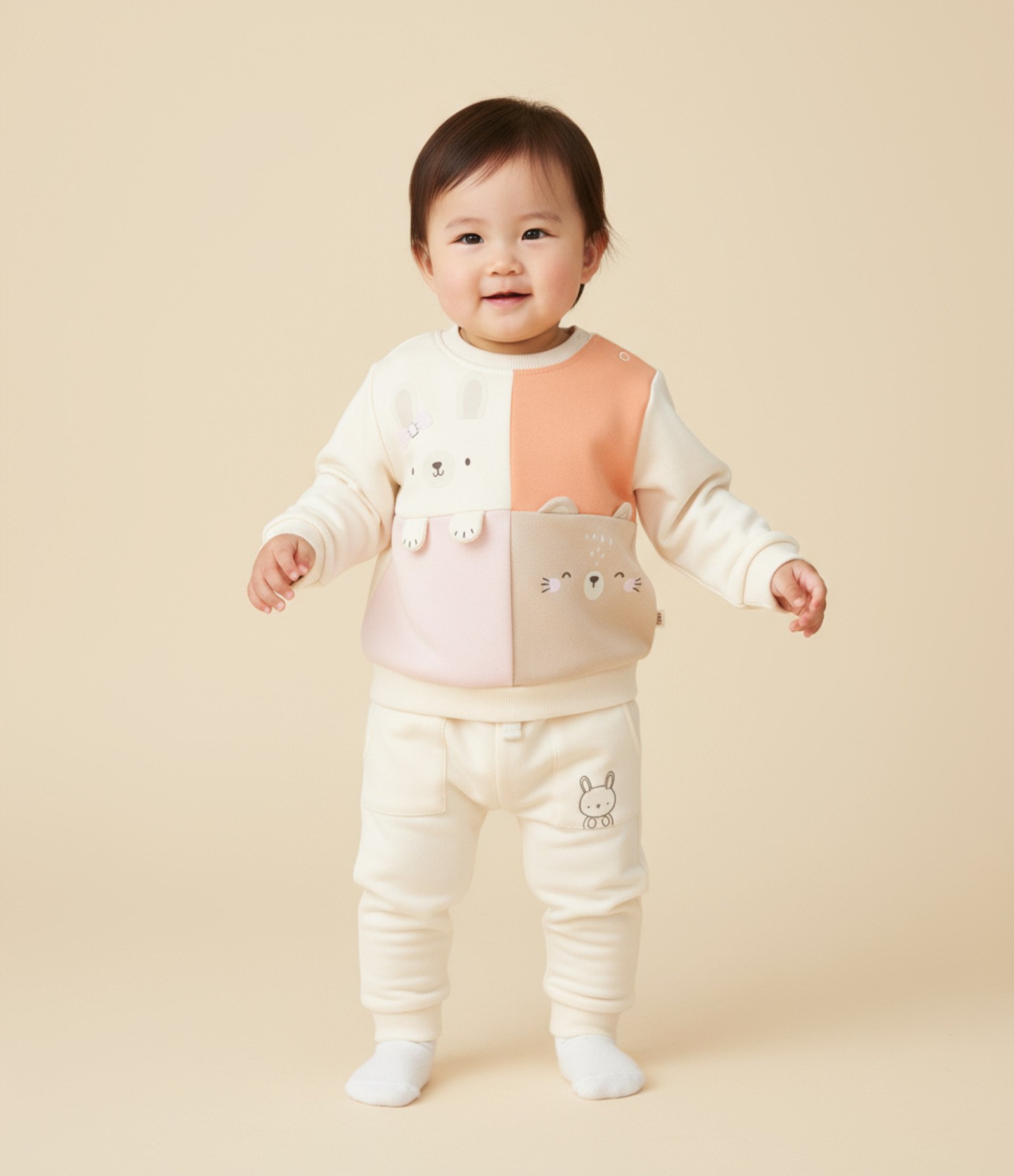 Conjunto Infantil com Recortes e Cara de Bichinhos - Tam 0 a 18 meses Bege/Laranja 1