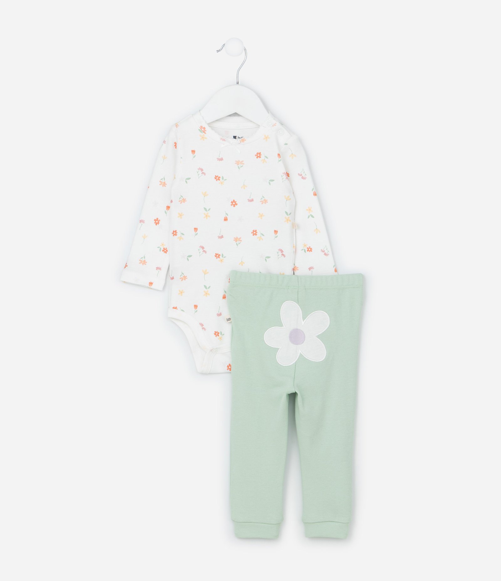 Conjunto Infantil em Suedine com Bordado Flor - Tam RN a 18 meses Branco/Verde 3