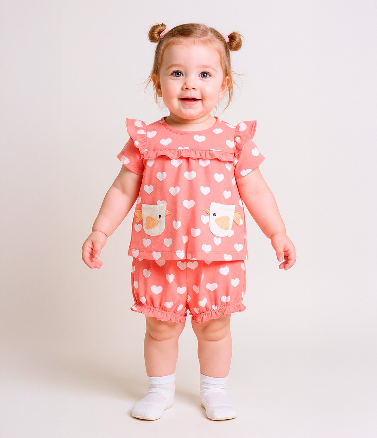 Conjunto Infantil com Bolsos e Estampa Corações - Tam 0 a 18 meses Rosa 2