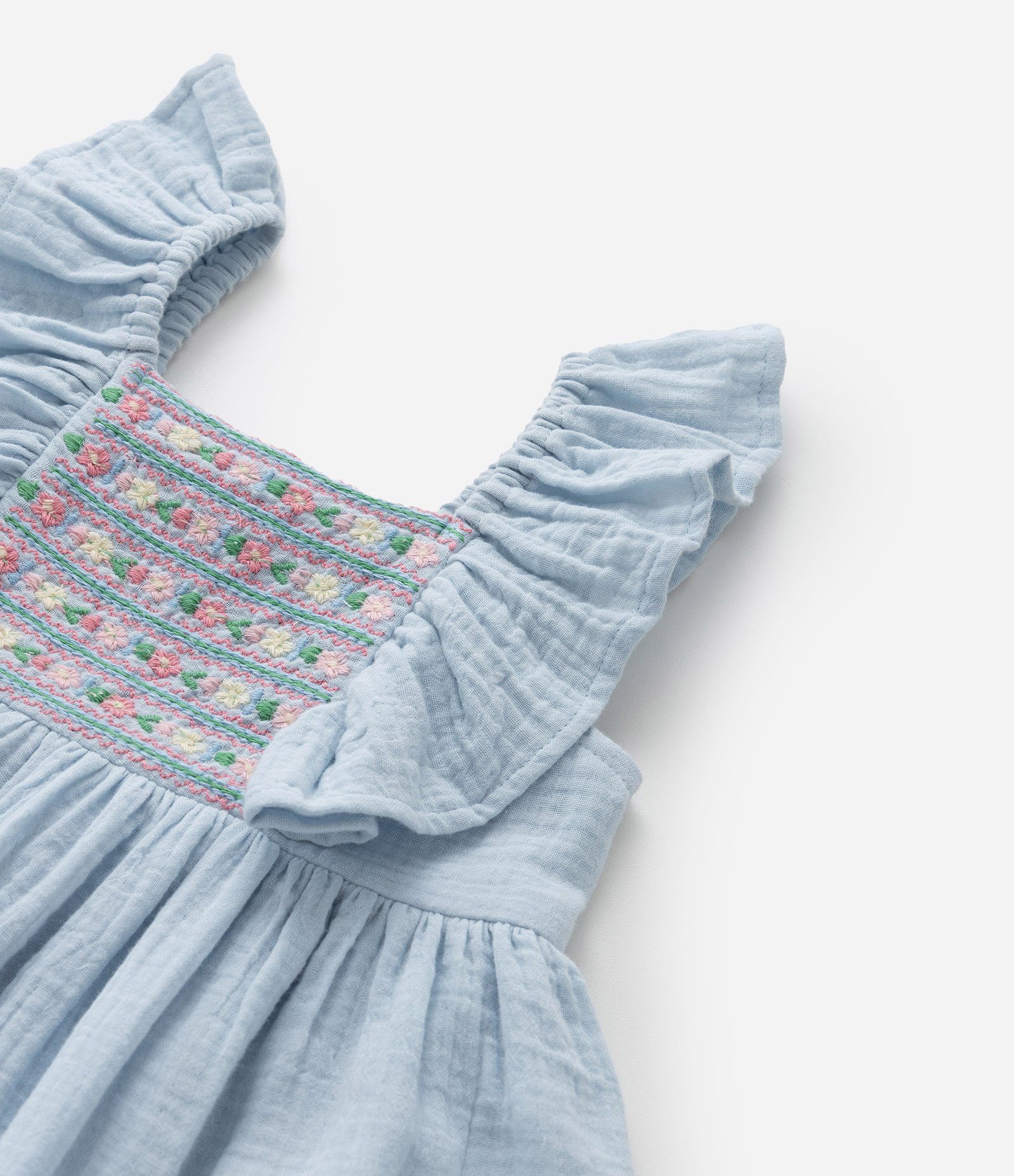 Vestido Infantil com Babado e Bordado Floral - Tam 1 a 6 Anos Azul 6