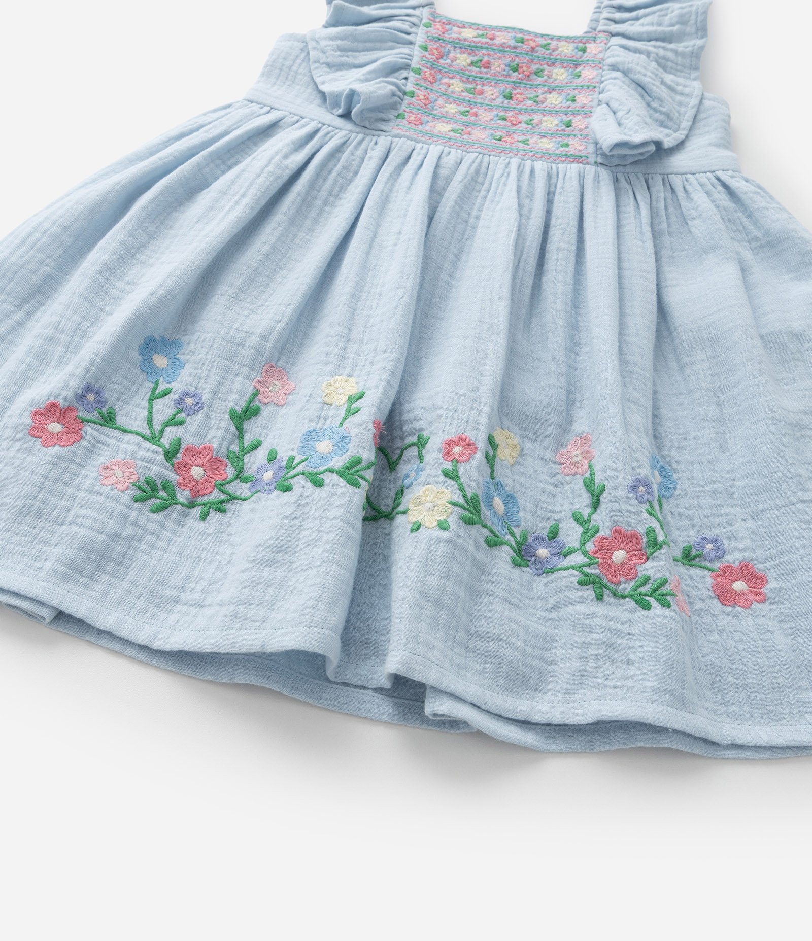 Vestido Infantil com Babado e Bordado Floral - Tam 1 a 6 Anos Azul 7