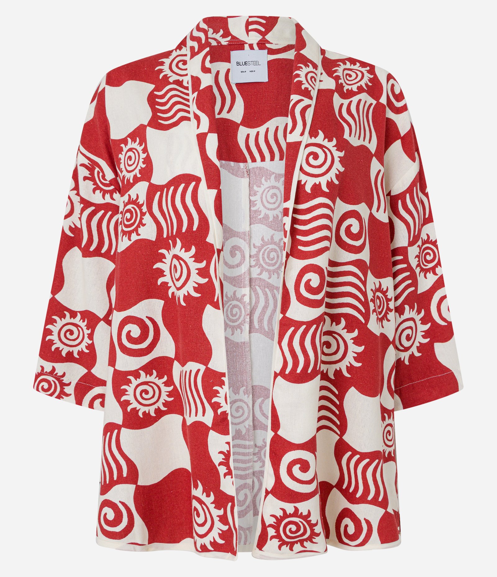 Kimono Alongado em Viscose com Estampa Quadriculada de Solzinhos Vermelho 8
