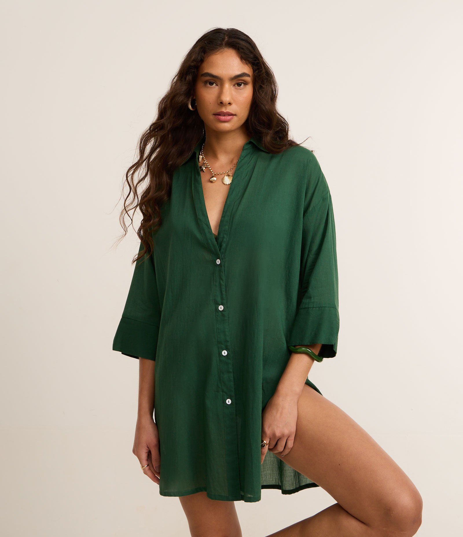 Saída de Praia Camisa em Voal com Mangas 3/4 Verde 2