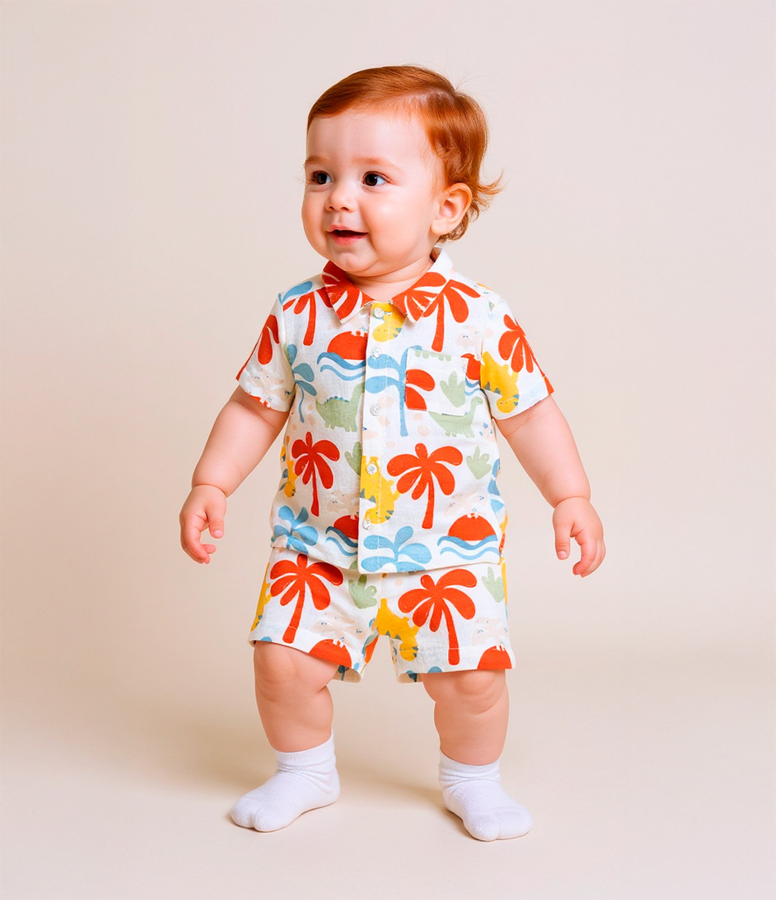 Conjunto Infantil em Tricoline Estampado de Dinossauro e Palmeira - Tam 0 a 18 meses Multicores 2