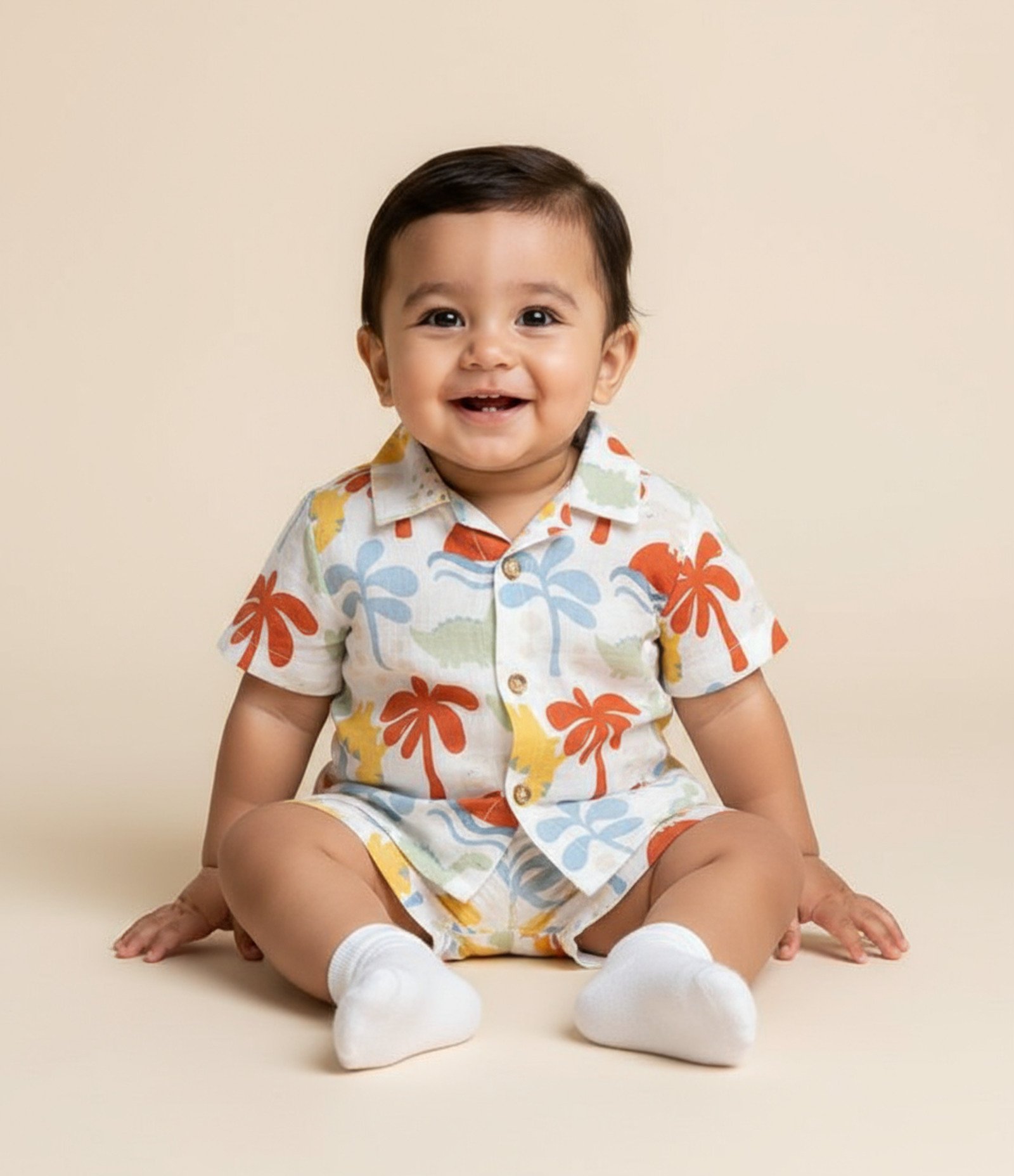 Conjunto Infantil em Tricoline Estampado de Dinossauro e Palmeira - Tam 0 a 18 meses Multicores 1