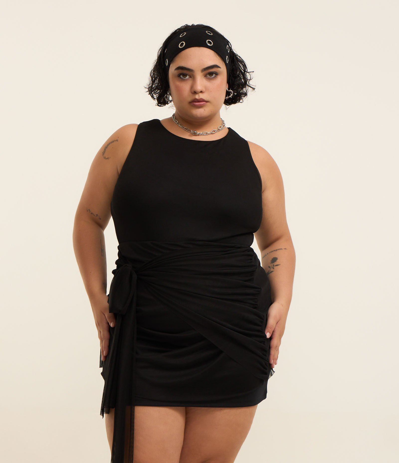 Vestido Body em Tule com Amarração Curve & Plus Size Preto 1