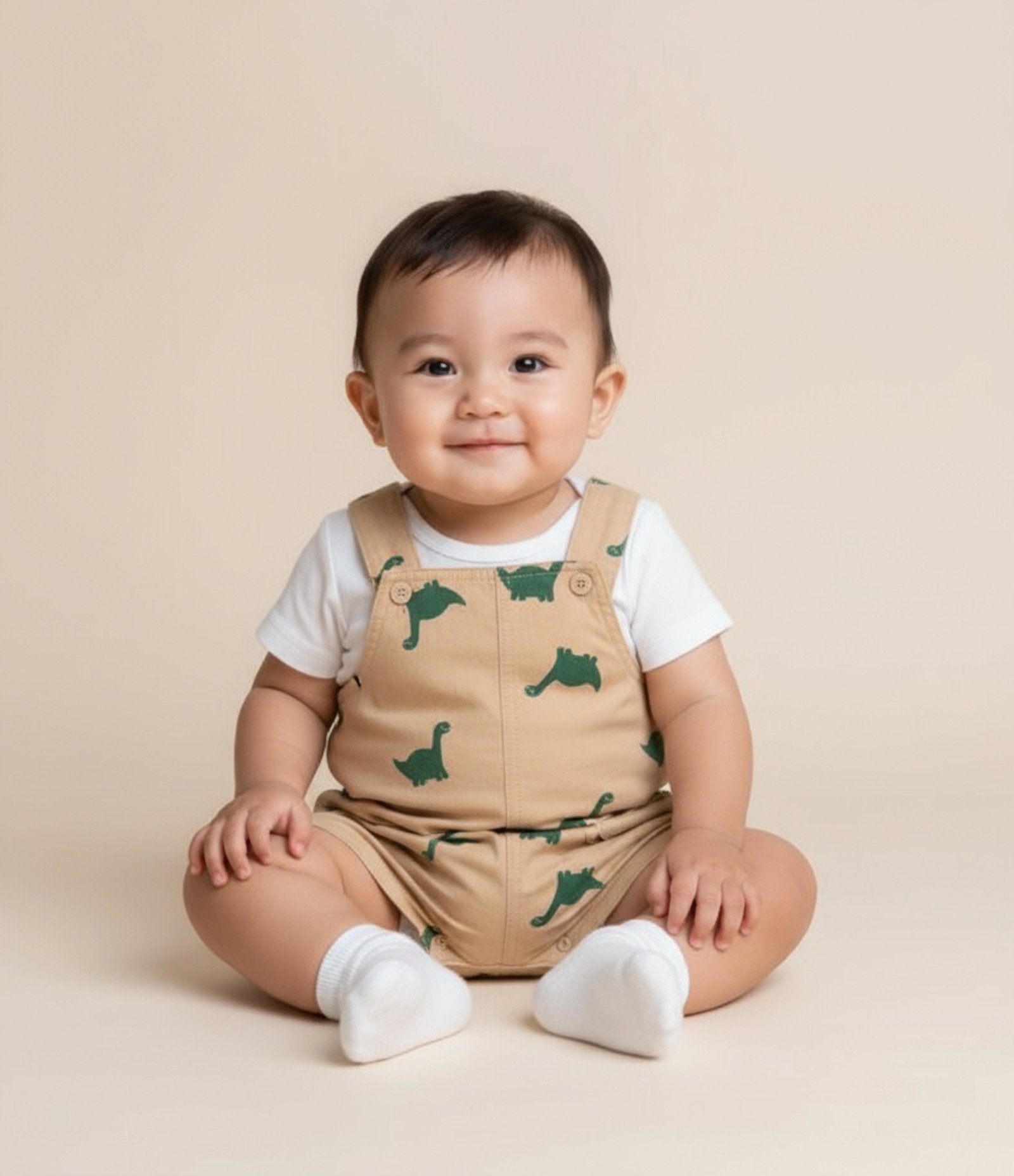 Jardineira Infantil em Sarja com Estampa Dino - Tam 3 a 18 Meses Bege 1