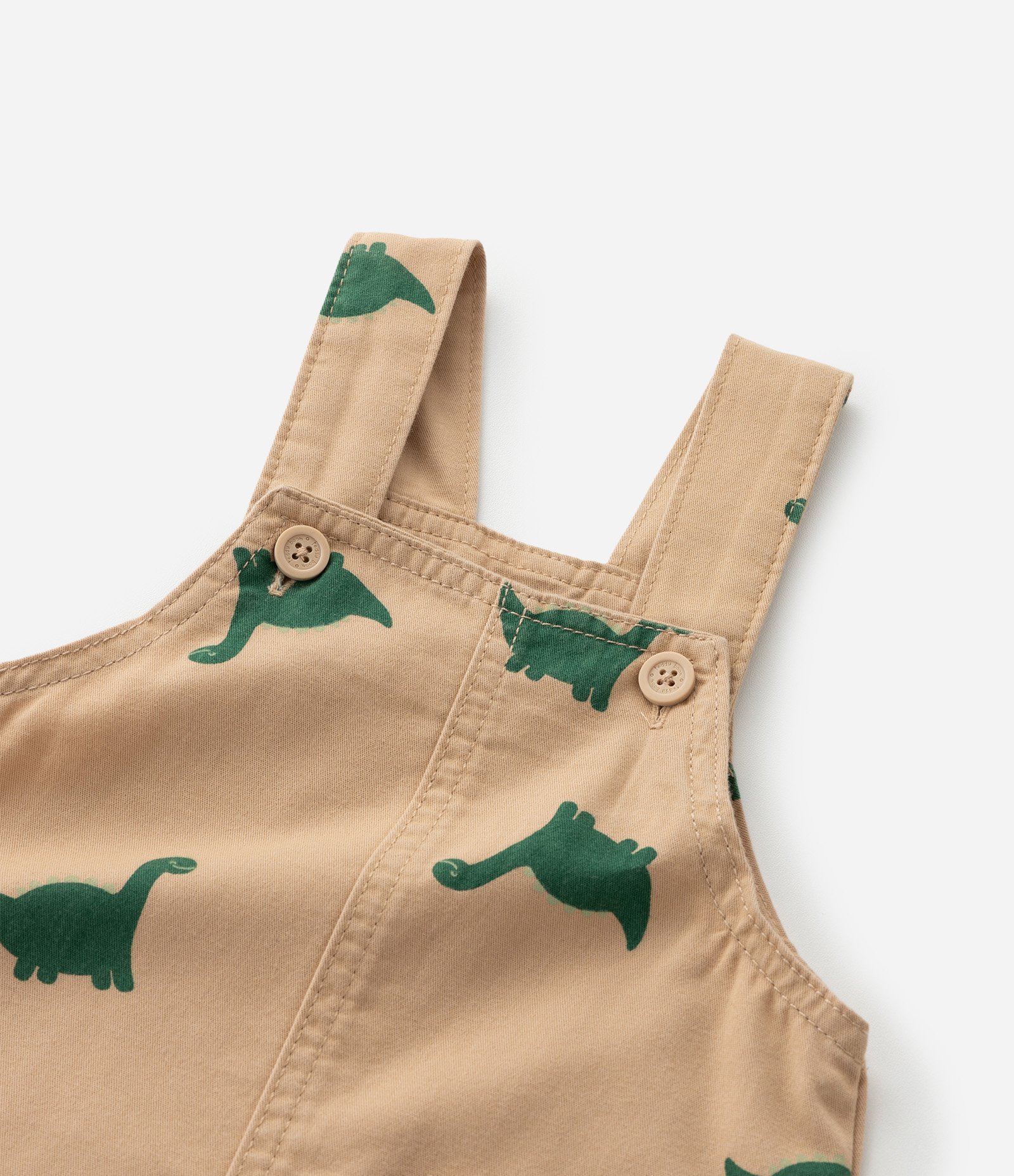 Jardineira Infantil em Sarja com Estampa Dino - Tam 3 a 18 Meses Bege 6