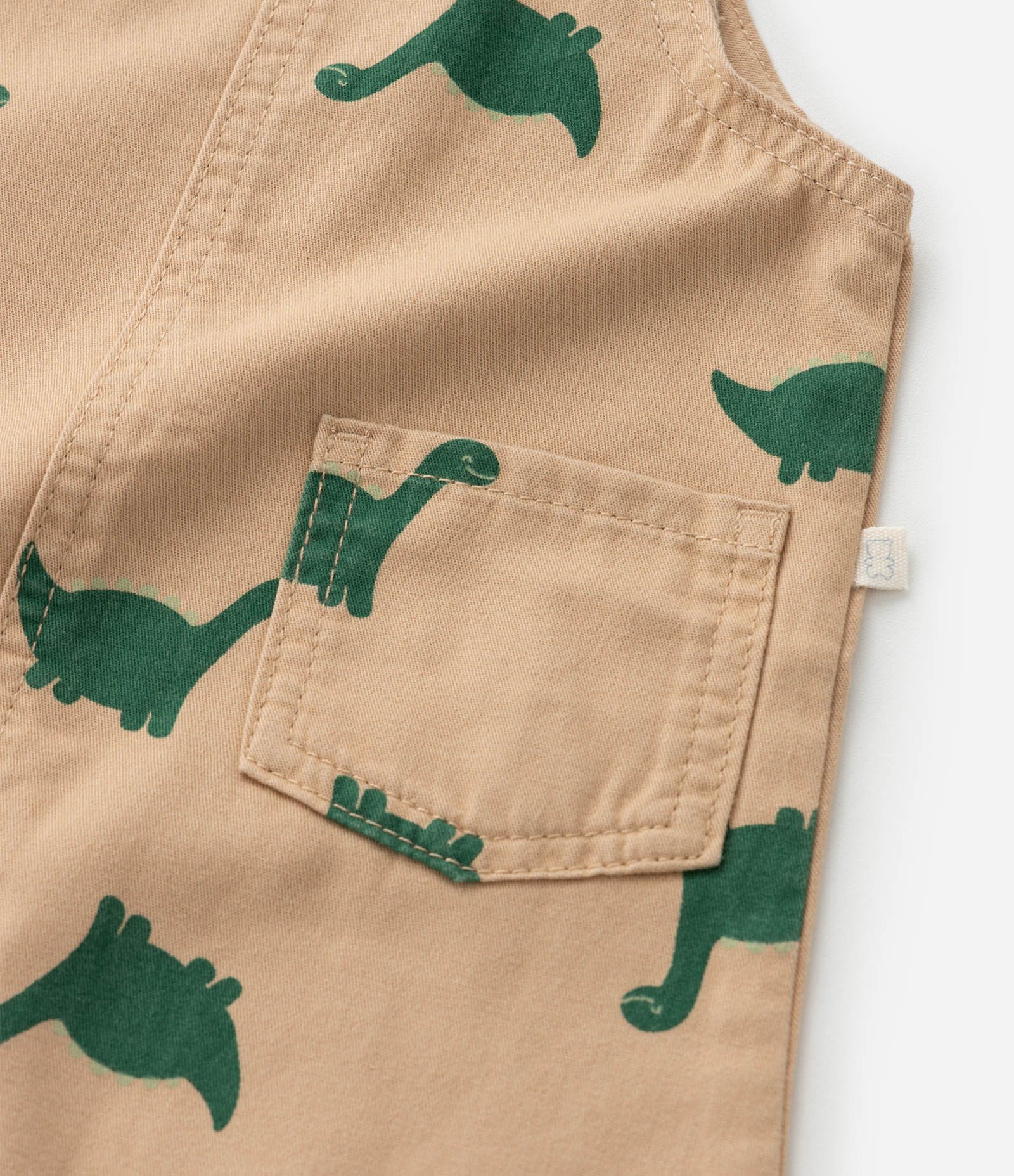 Jardineira Infantil em Sarja com Estampa Dino - Tam 3 a 18 Meses Bege 7