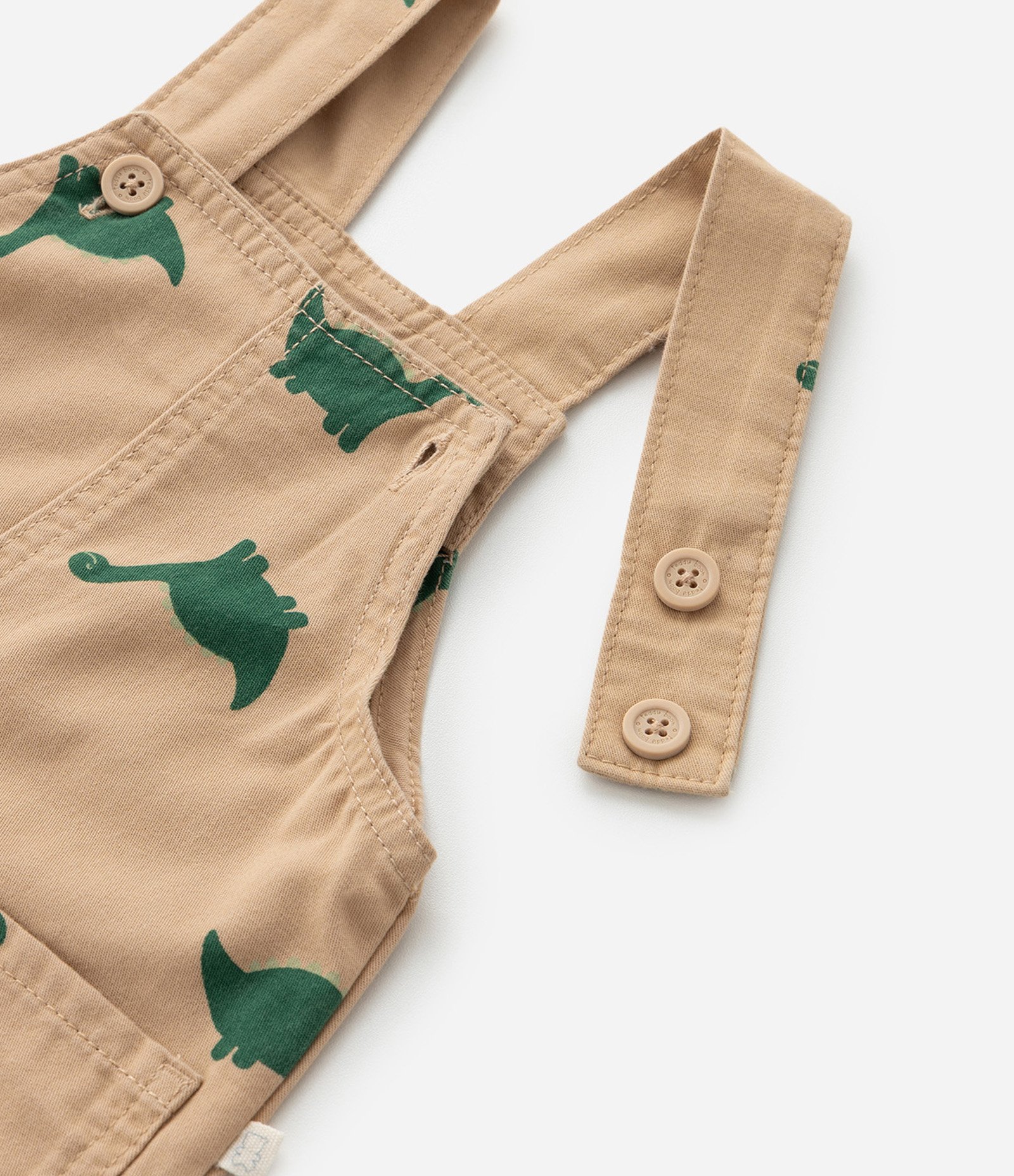 Jardineira Infantil em Sarja com Estampa Dino - Tam 3 a 18 Meses Bege 8