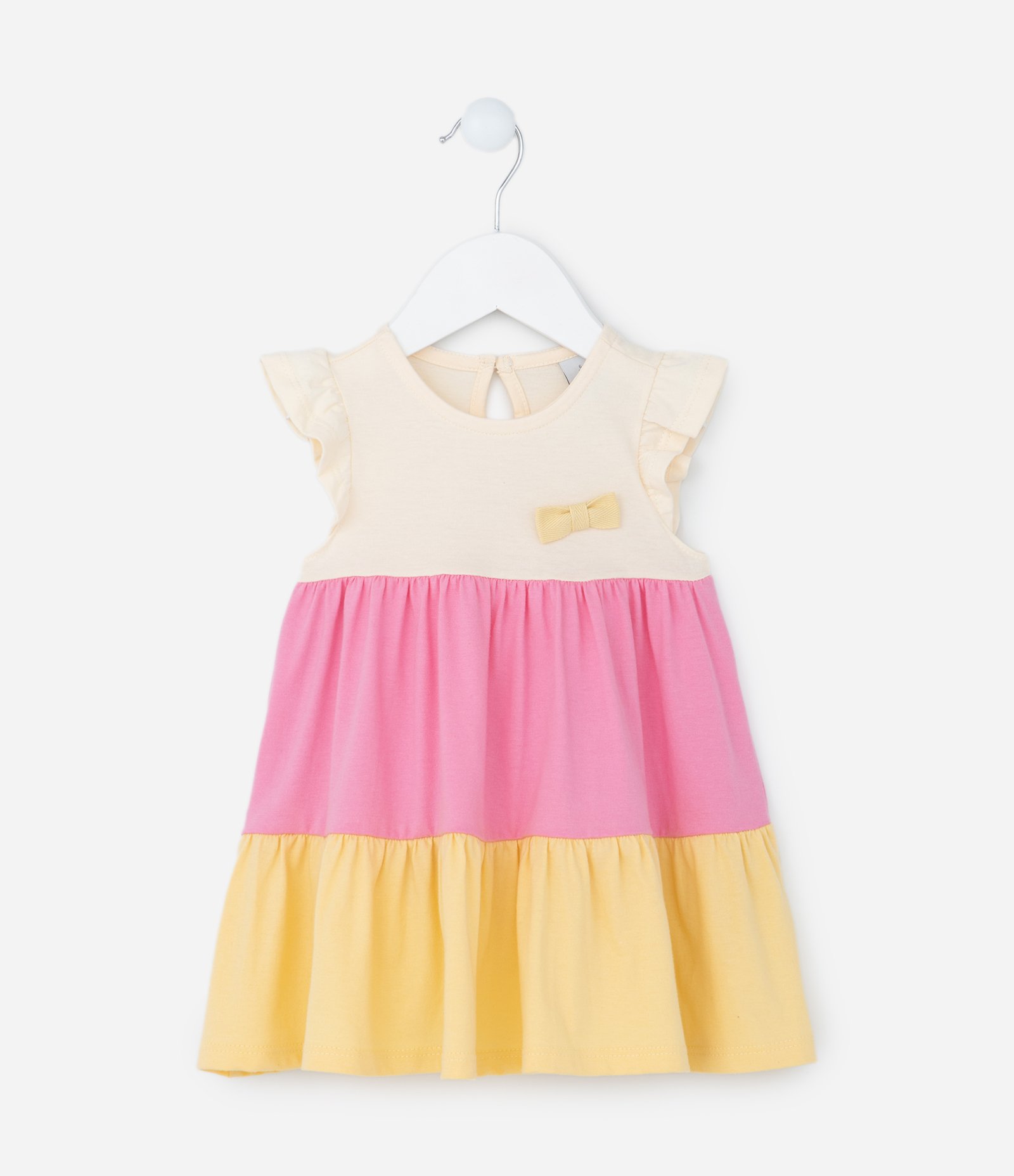 Vestido Infantil com Babados Maria e Lacinho - Tam 0 a 18 meses Bege/Rosa/Amarelo 1