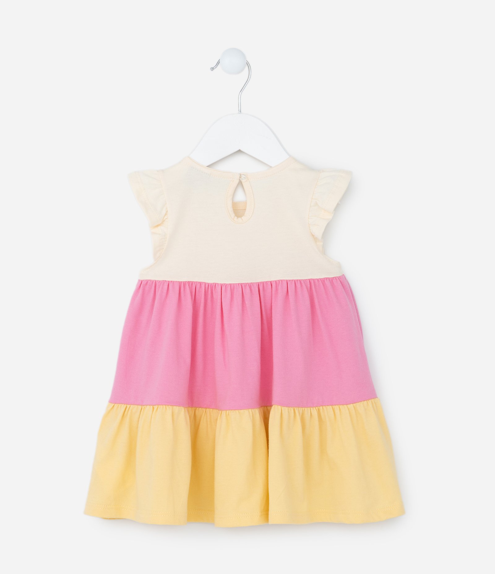Vestido Infantil com Babados Maria e Lacinho - Tam 0 a 18 meses Bege/Rosa/Amarelo 2