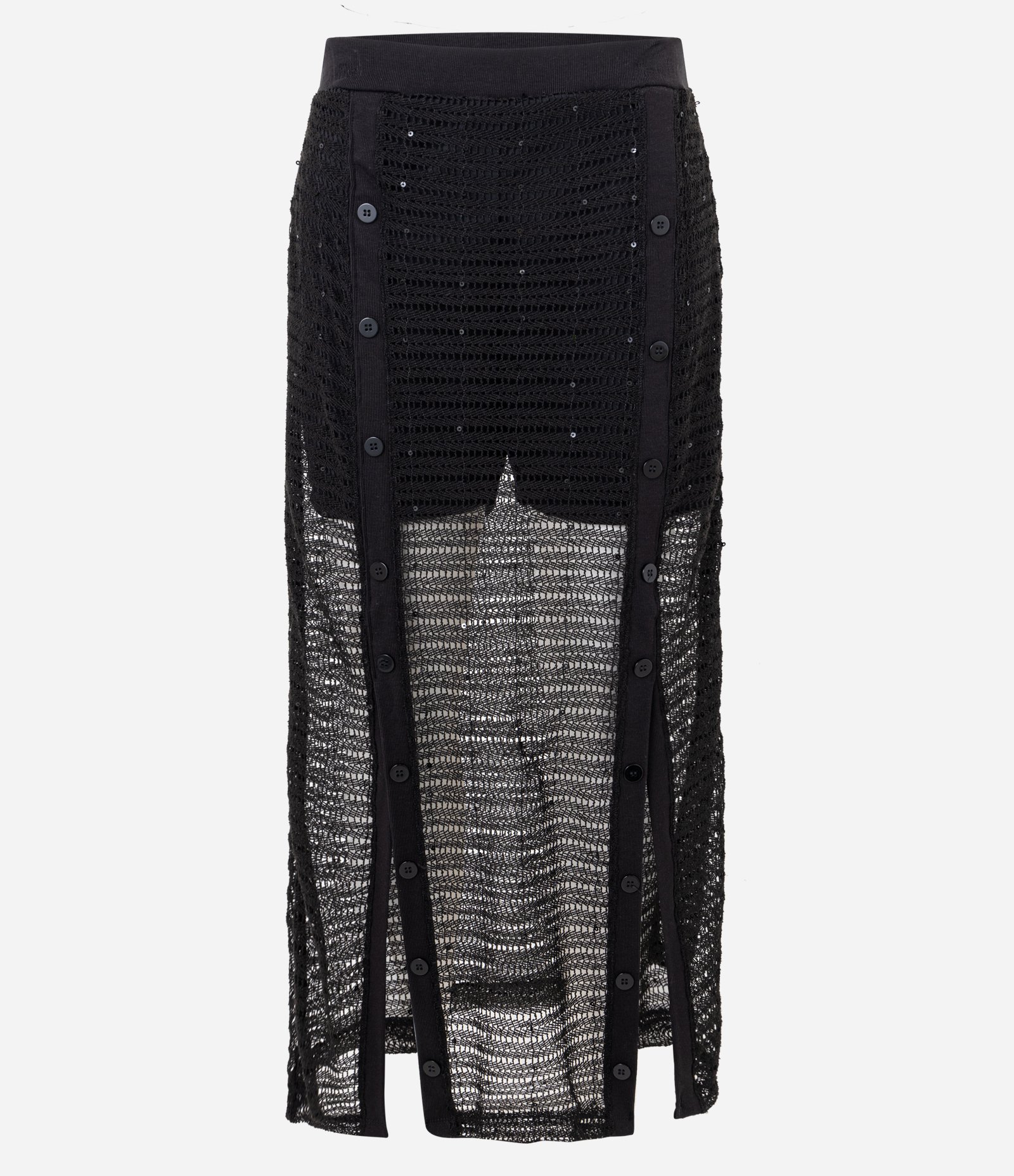 Saia Midi em Efeito Crochê com Paetês e Fendas Preto 5