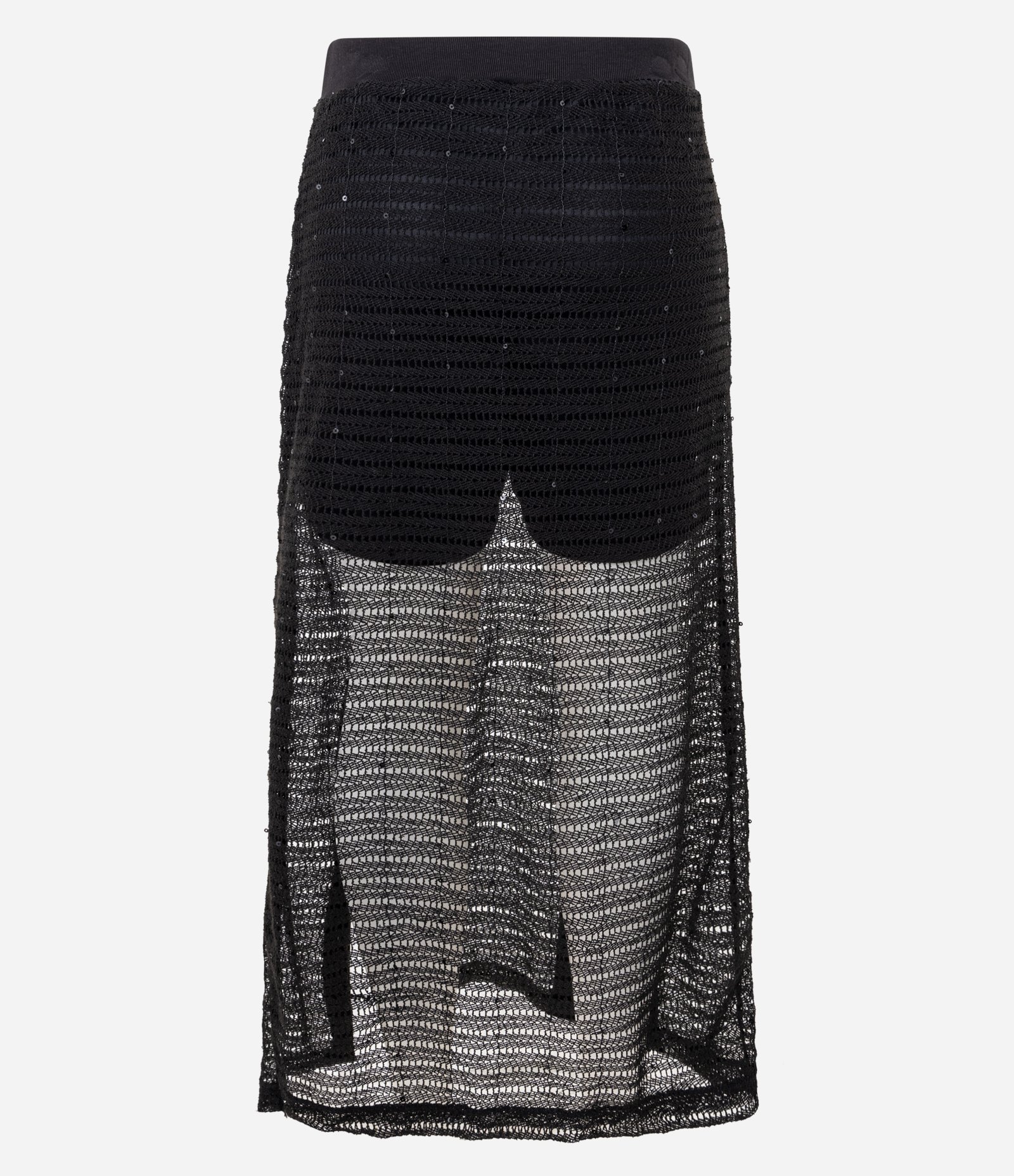 Saia Midi em Efeito Crochê com Paetês e Fendas Preto 7
