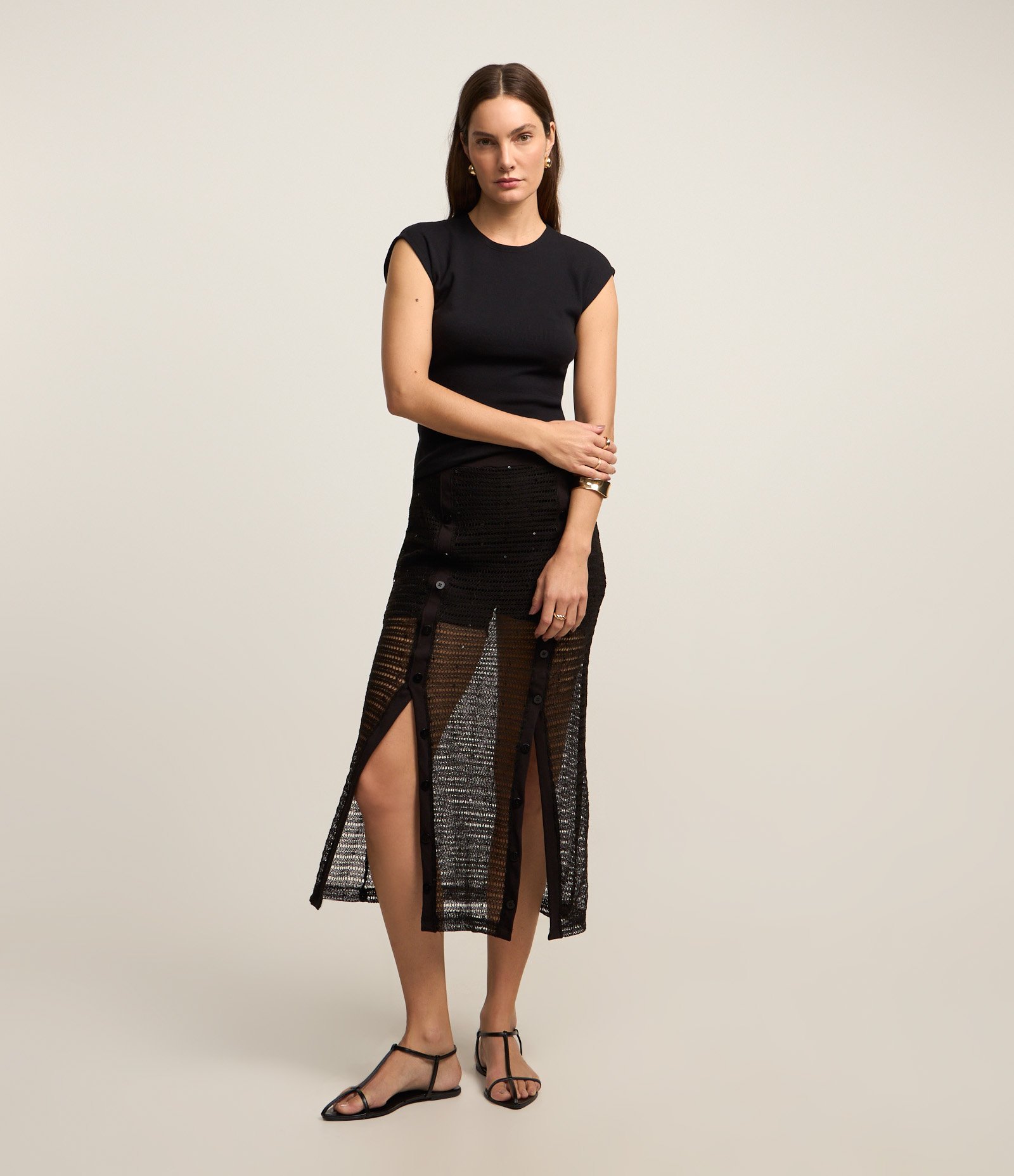 Saia Midi em Efeito Crochê com Paetês e Fendas Preto 2