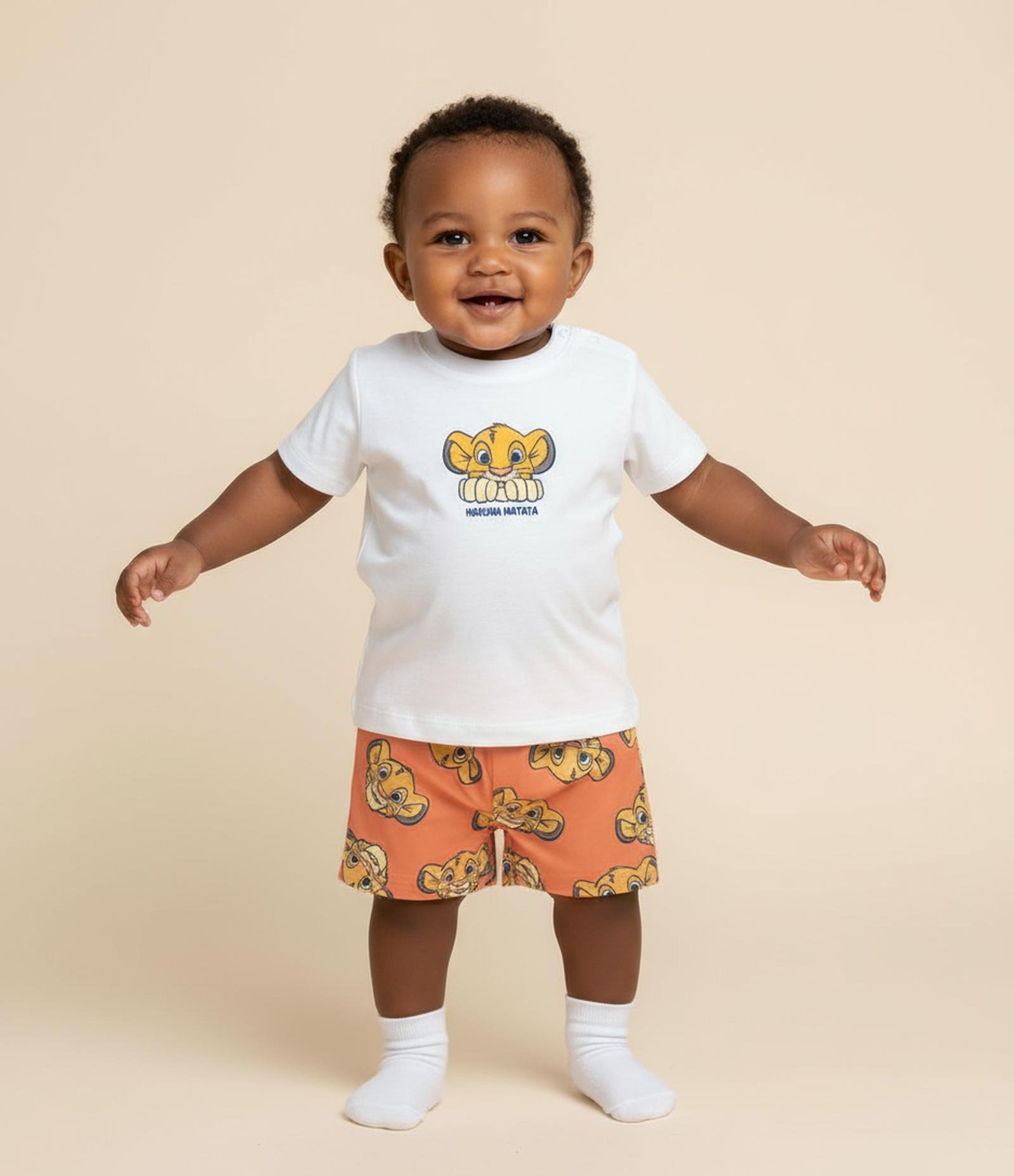 Conjunto em Microfibra com Estampa Rei Leão - Tam 3 a 18 Meses Branco/Laranja 1