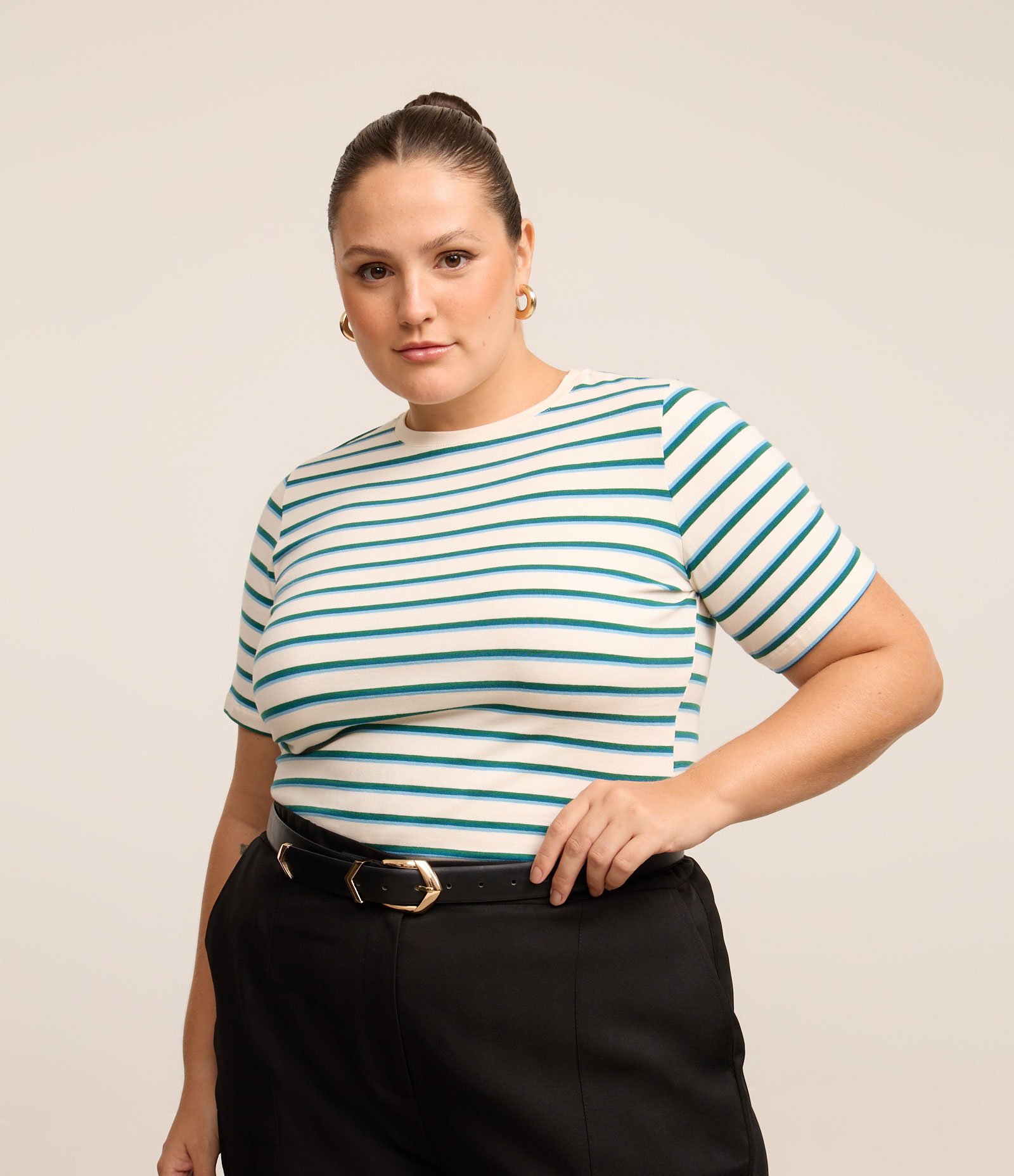 Camiseta Listrada em Algodão Curve & Plus Size Off White/Azul/Verde 1
