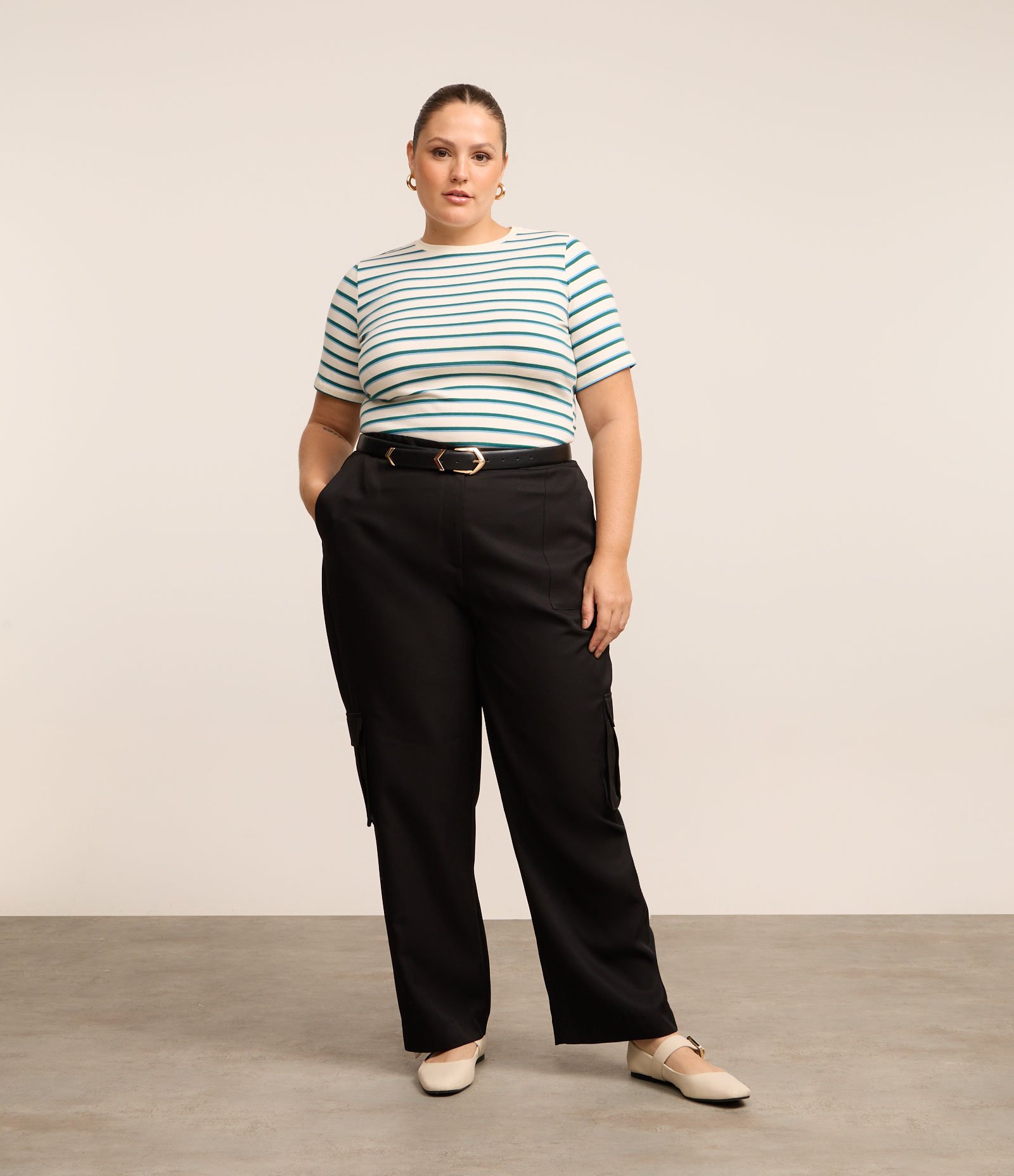 Camiseta Listrada em Algodão Curve & Plus Size Off White/Azul/Verde 2