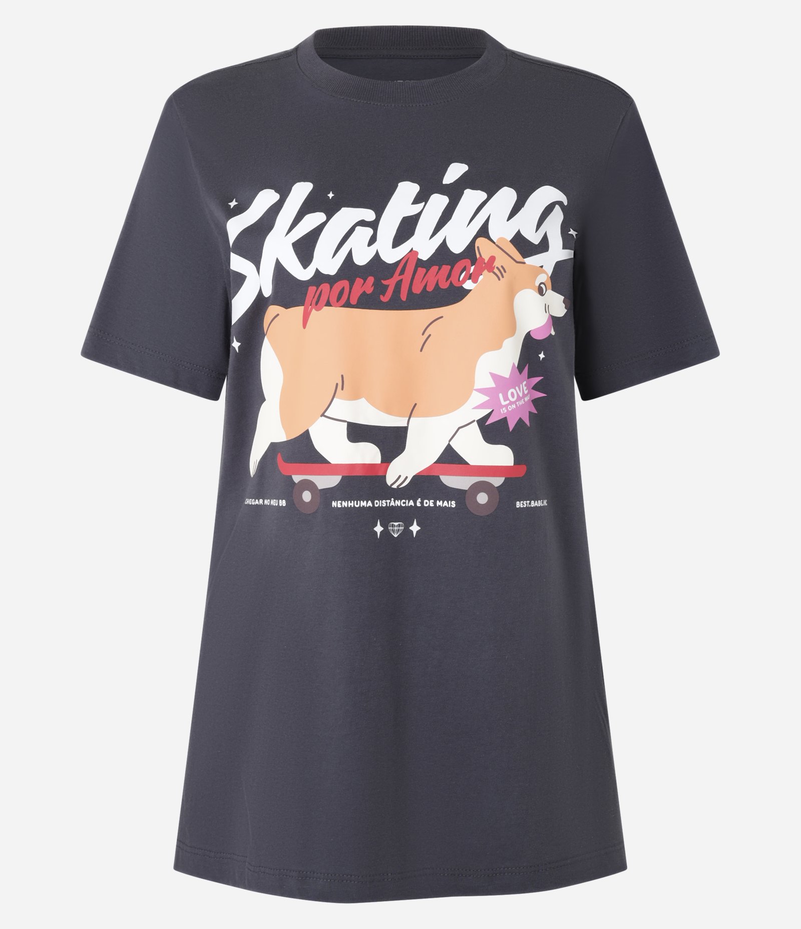 Camiseta T-shirt em Algodão com Estampa Corgi Skating por Amor Cinza 4