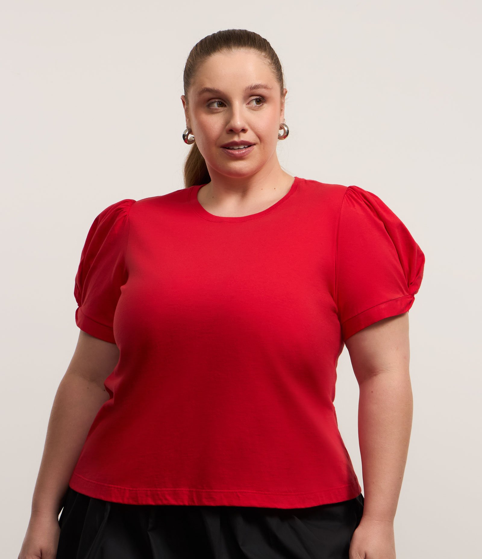Blusa com Gola Redonda e Manga Bufante Curve & Plus Size Vermelho 1