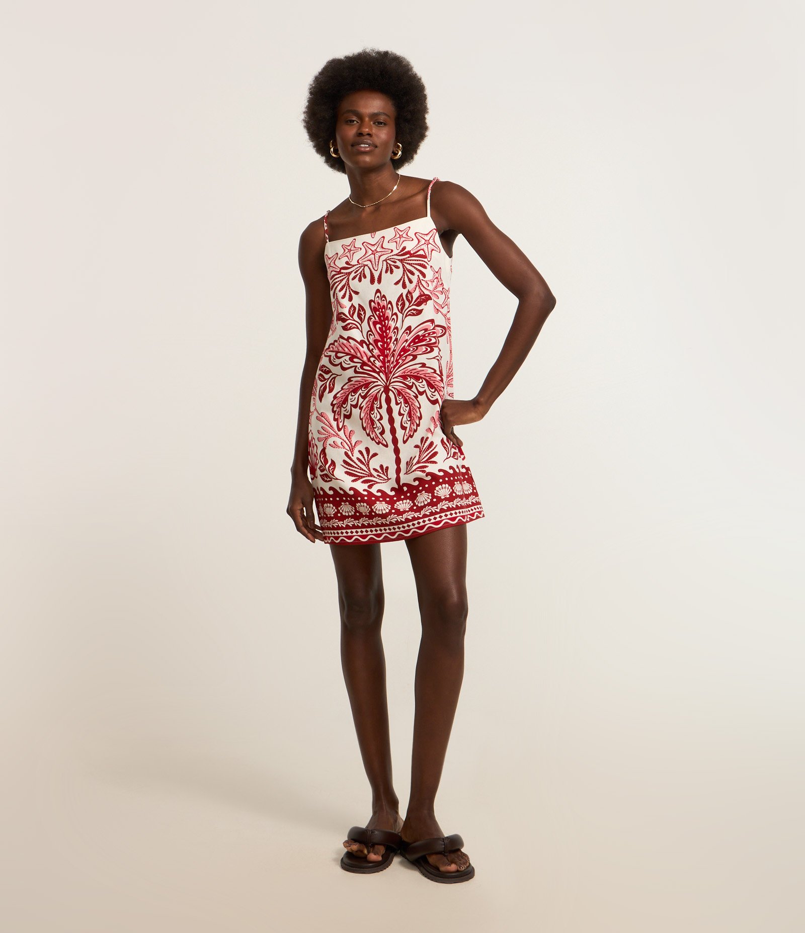 Vestido Curto em Viscose e Linho com Estampa Floral Off White/Vermelho 1