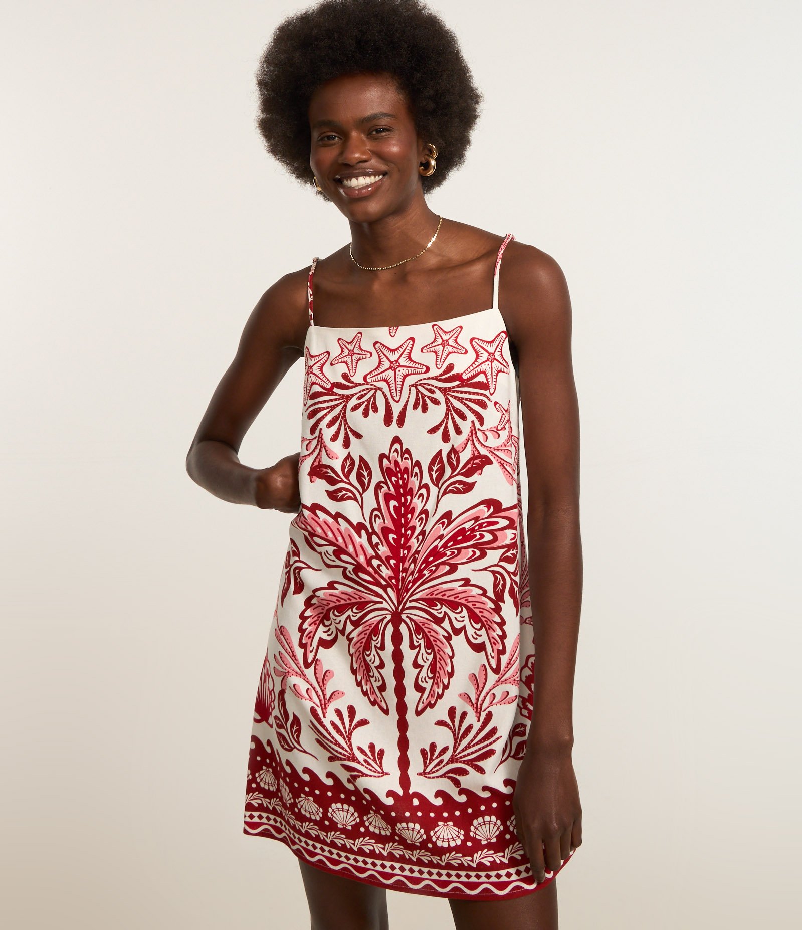 Vestido Curto em Viscose e Linho com Estampa Floral Off White/Vermelho 2