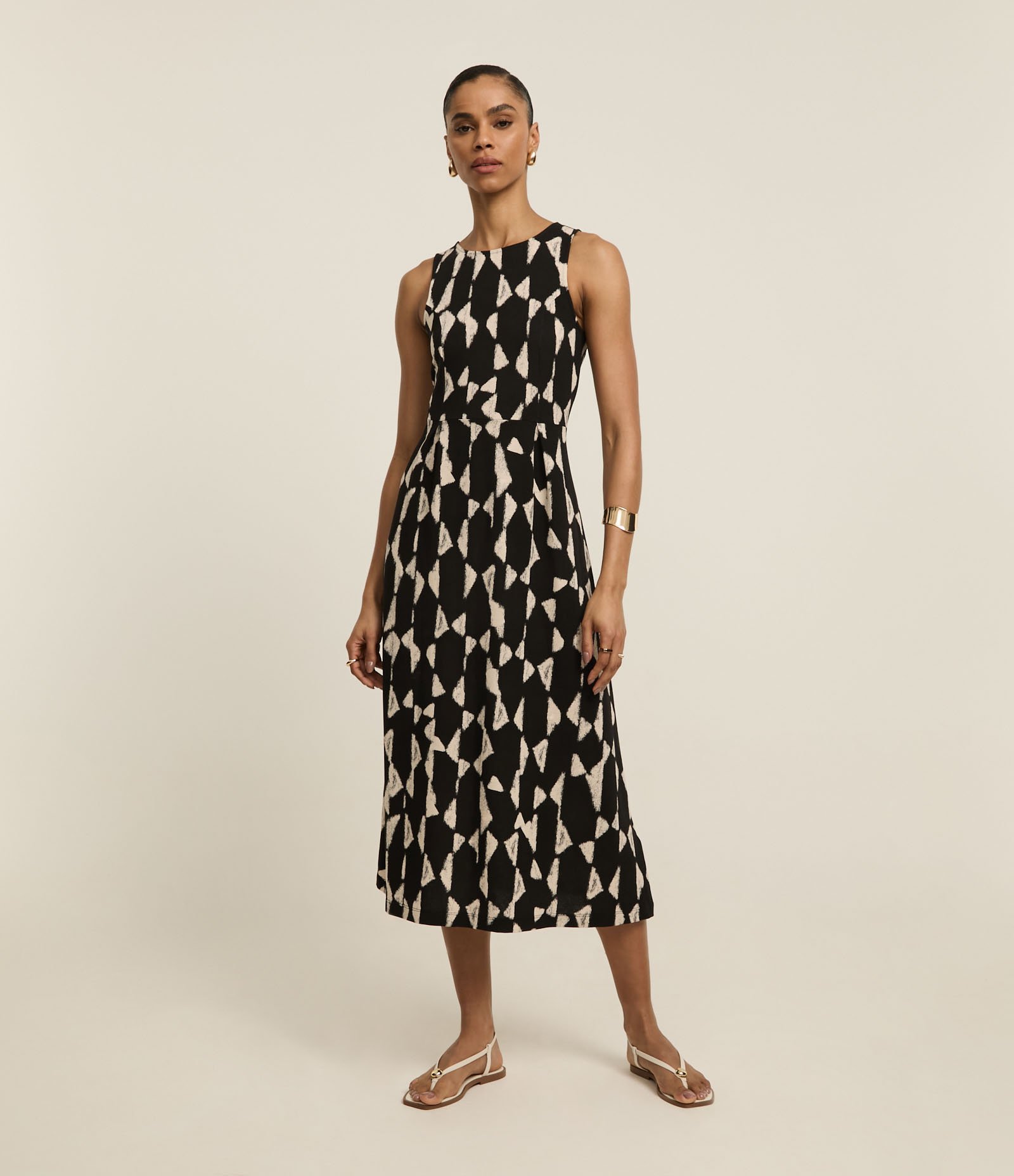 Vestido Midi em Malha de Piquet com Estampa Abstrata Preto/ Branco 2