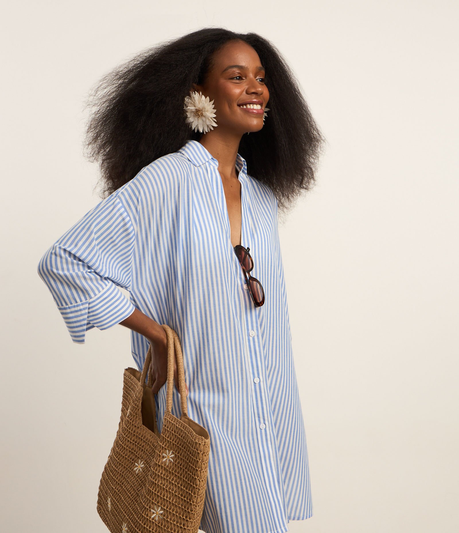 Saída de Praia Camisa em Voal Listrado Azul 1