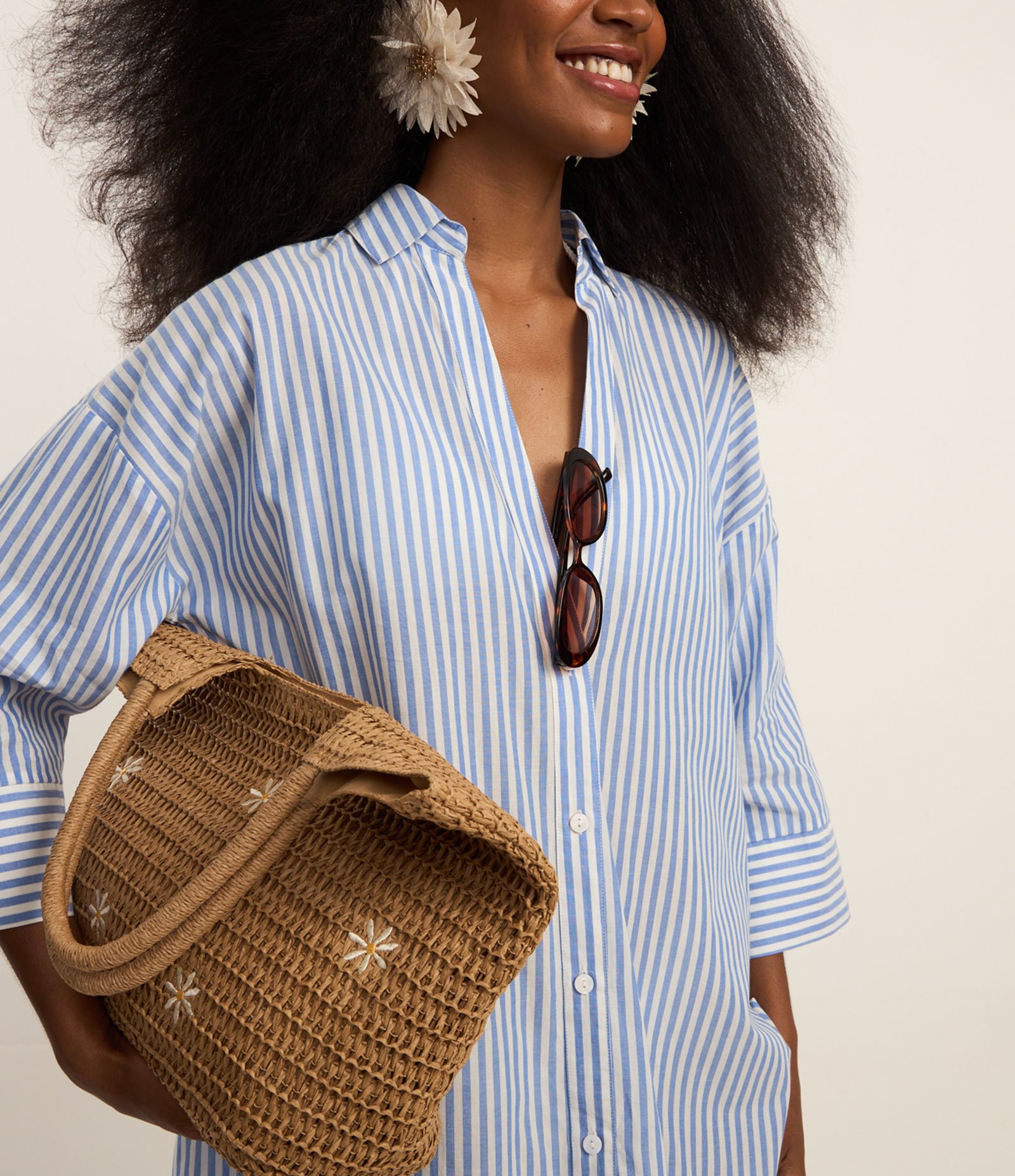 Saída de Praia Camisa em Voal Listrado Azul 3