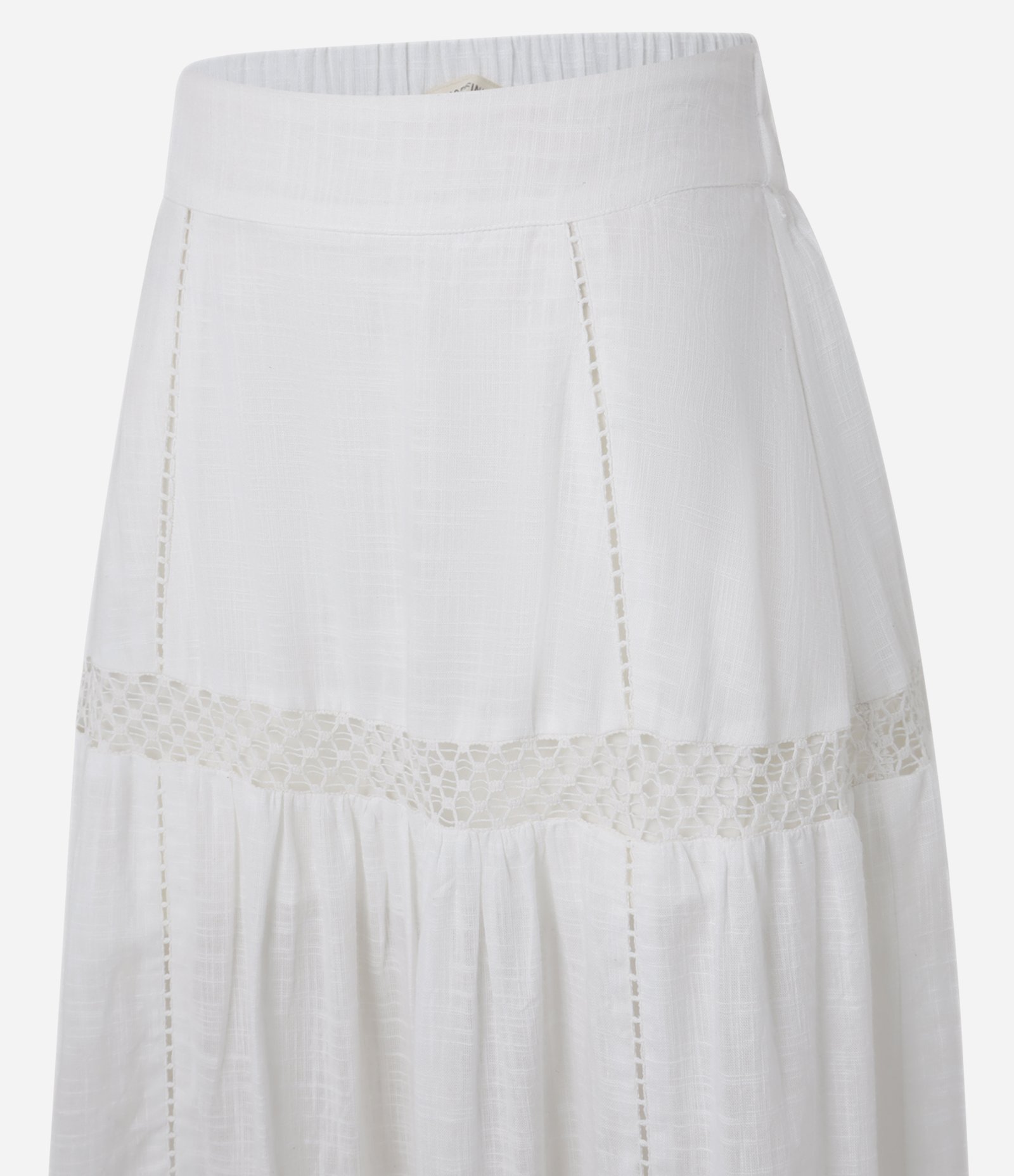 Saia Evasê Midi em Voal com Recorte Franzido e Entremeios Branco 7