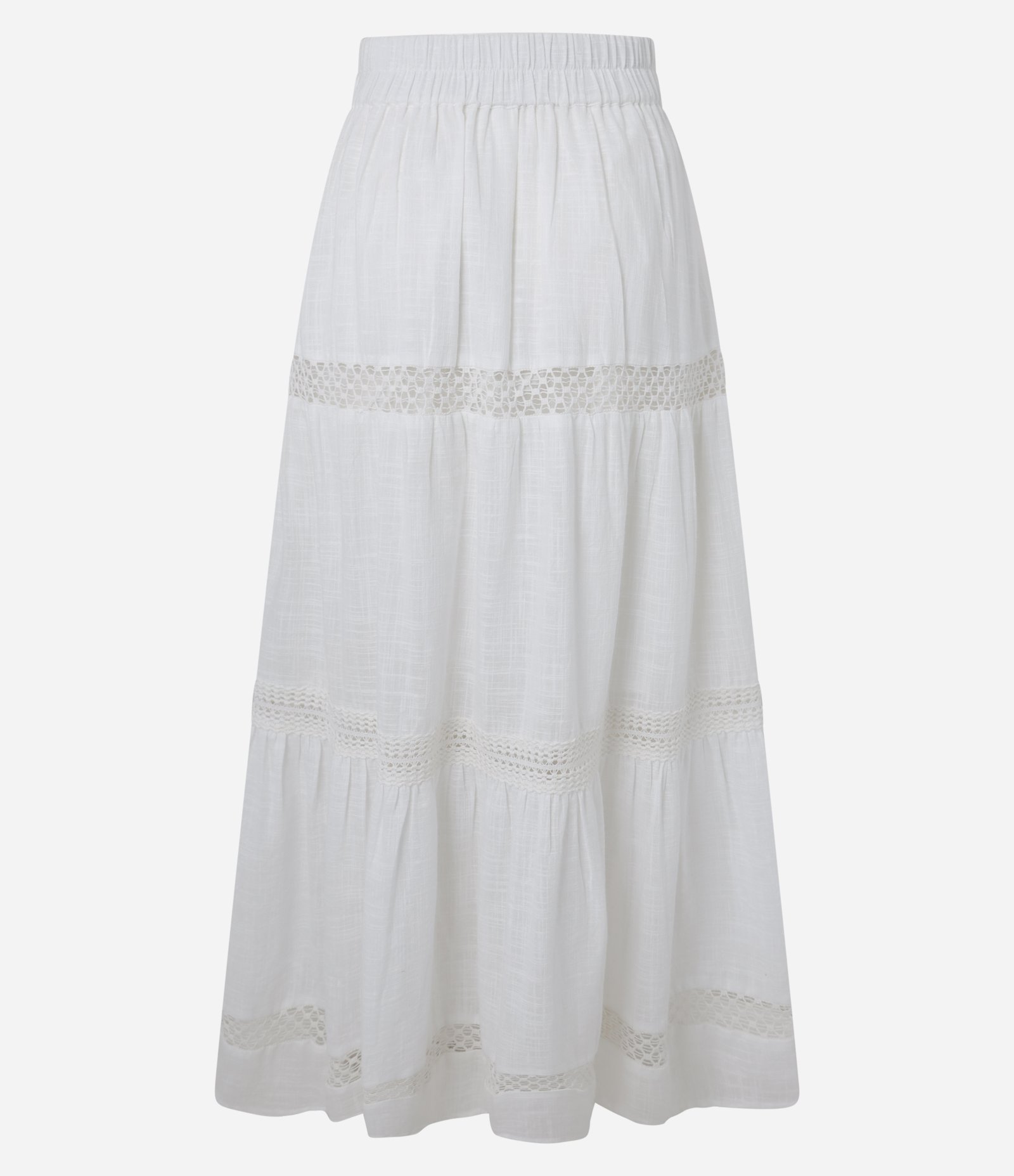 Saia Evasê Midi em Voal com Recorte Franzido e Entremeios Branco 8