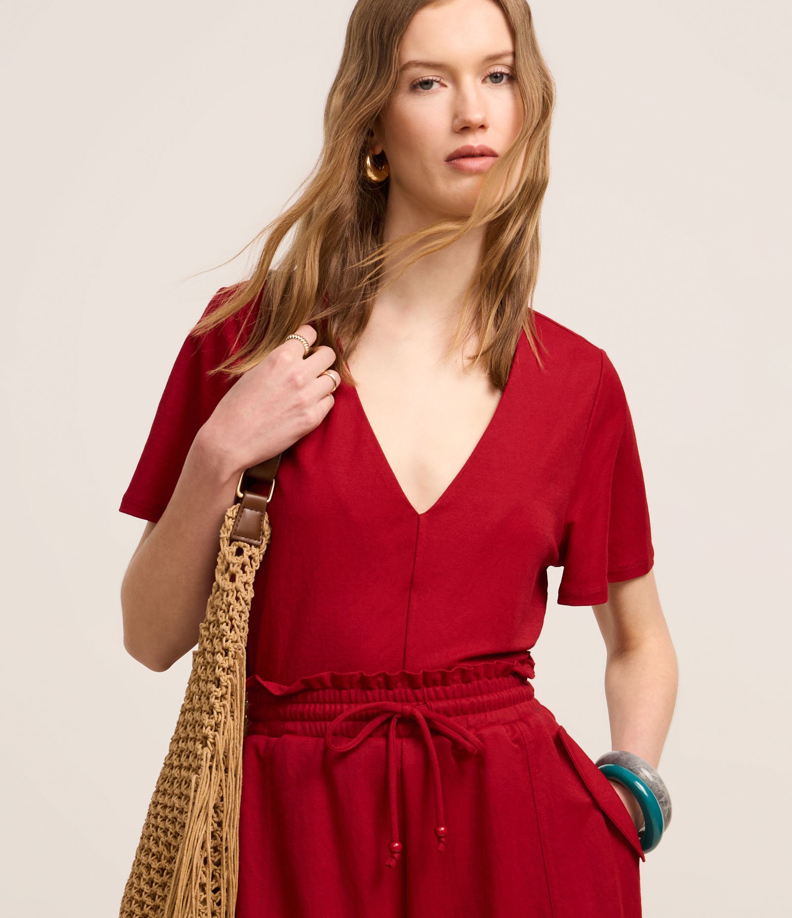 Blusa em Piquet com Decote V e Prega Vermelho 1