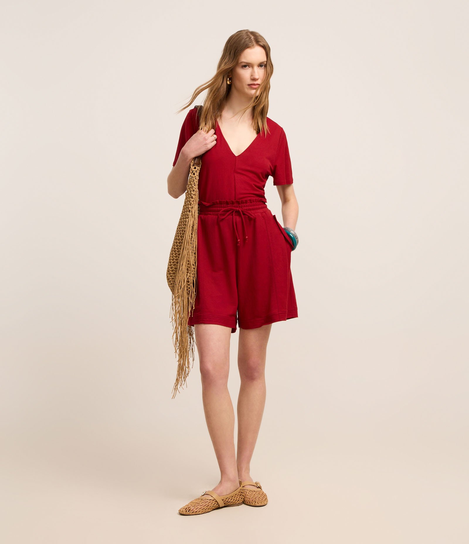 Blusa em Piquet com Decote V e Prega Vermelho 2