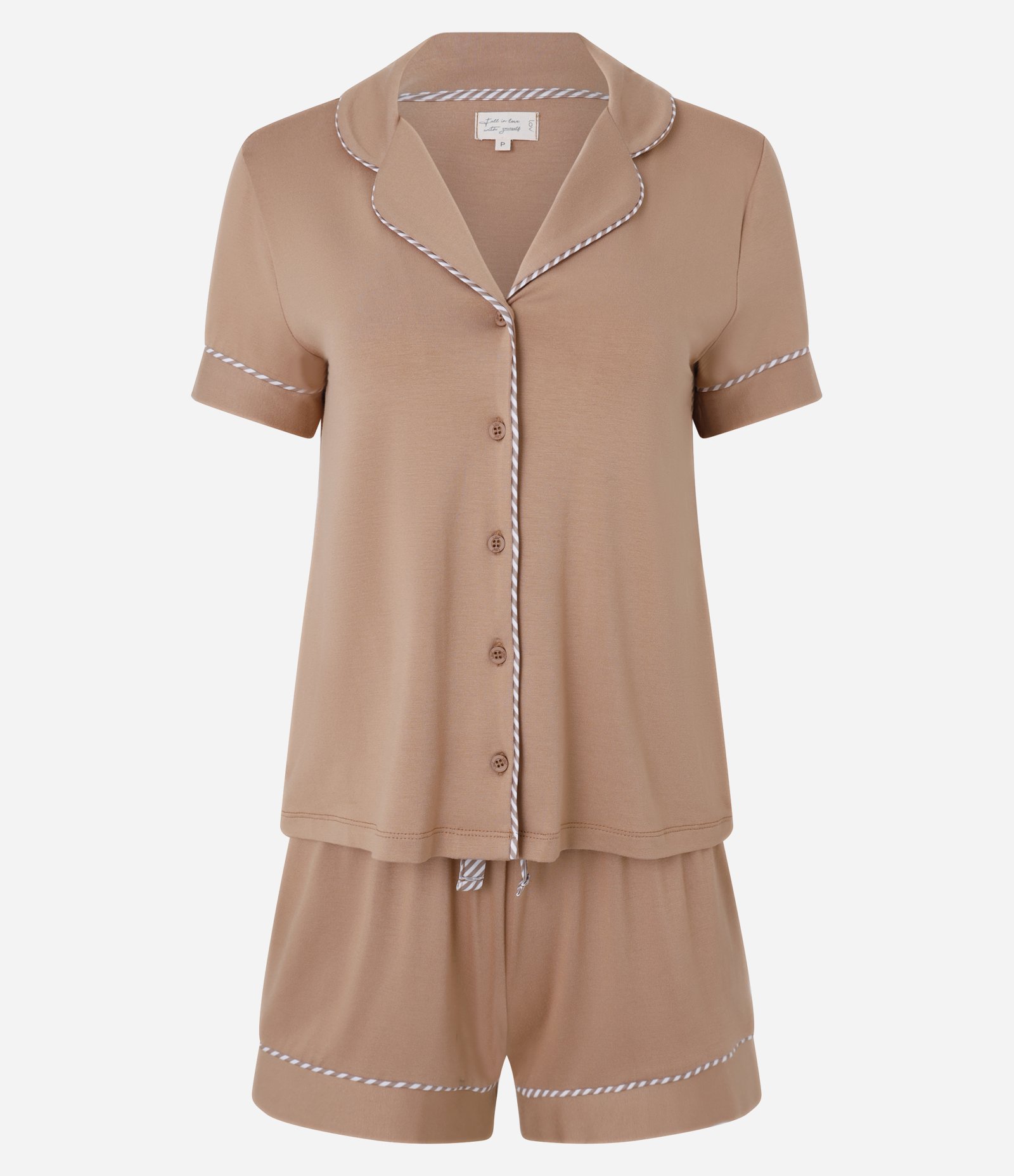Pijama Short Doll em Viscolycra com Viés Listrado Marrom 5