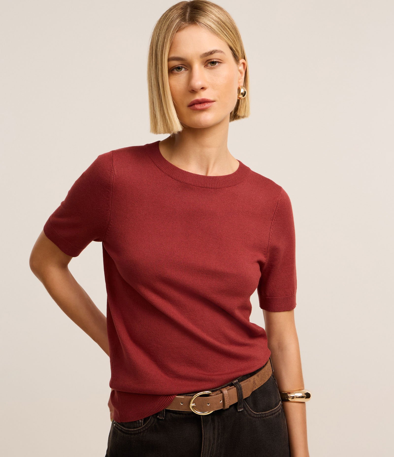 Blusa Básica em Tricô com Barra Canelada Telha 1