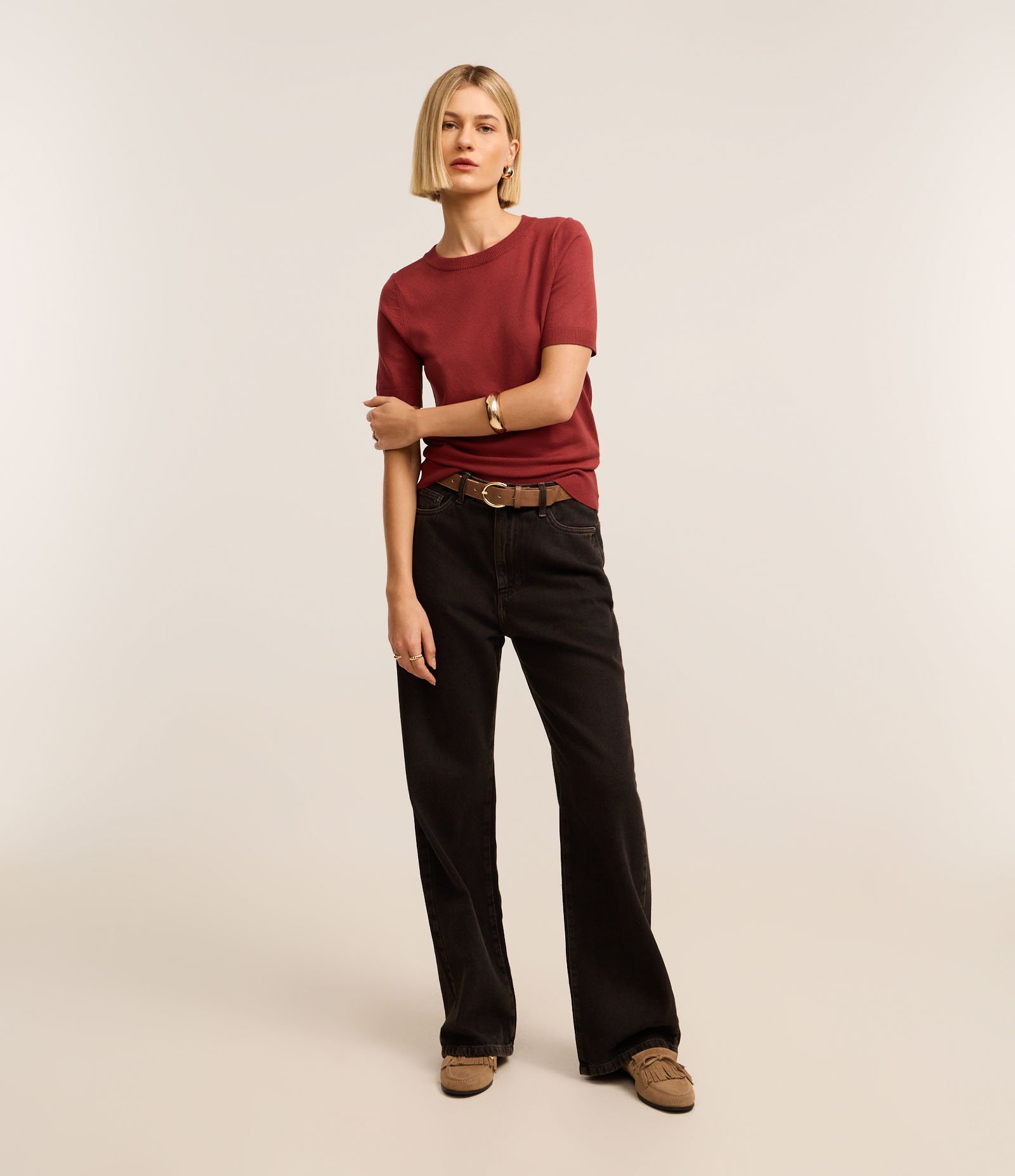 Blusa Básica em Tricô com Barra Canelada Telha 2