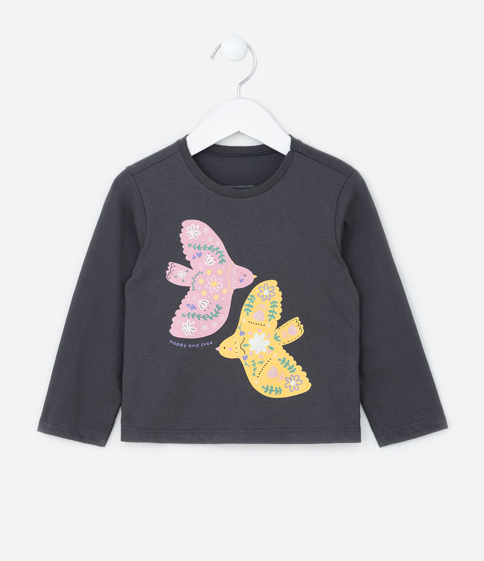 Blusa Infantil em Algodão Estampa de Pássaros - Tam 1 a 6 anos Cinza 1