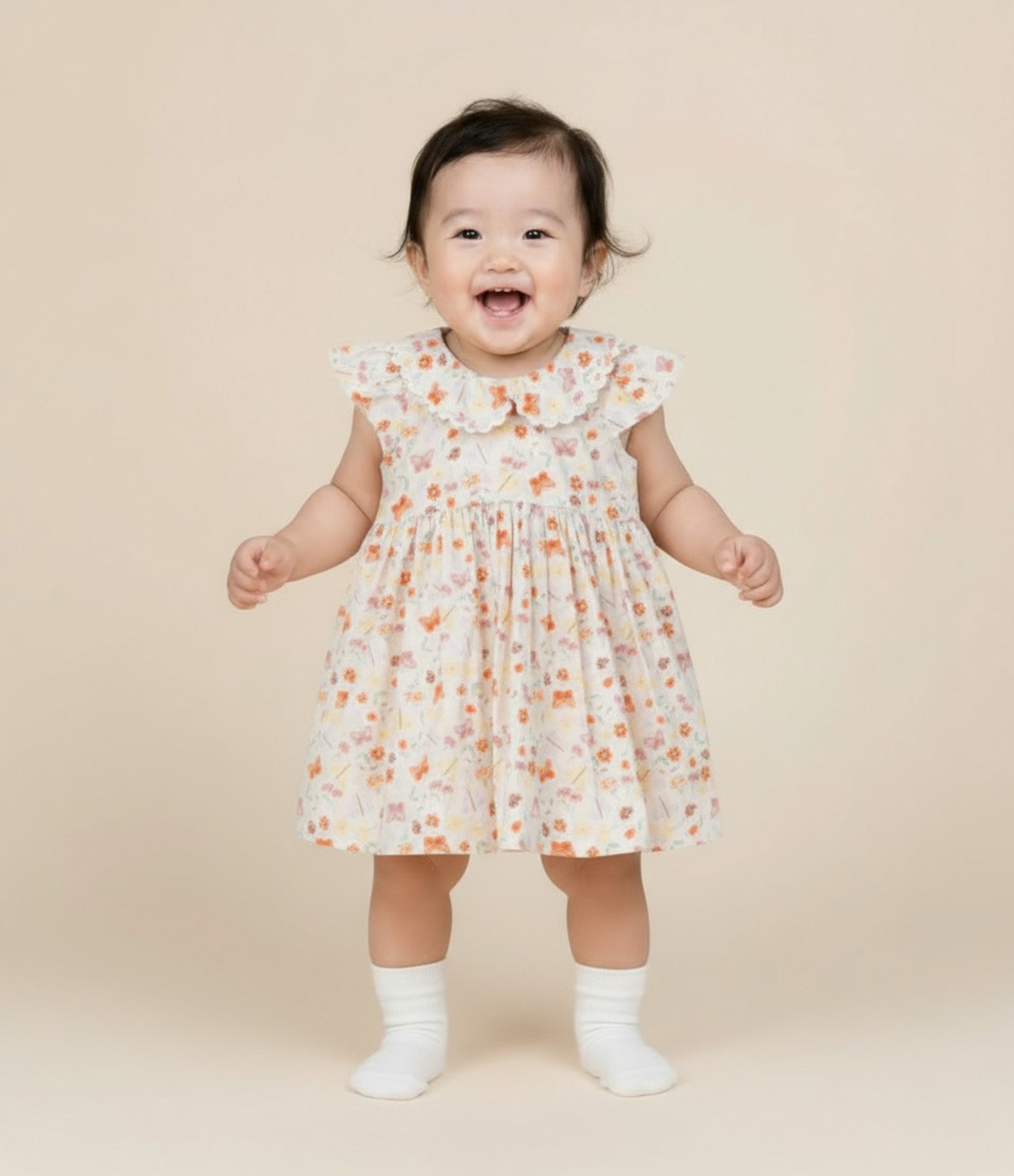 Vestido Infantil com Babados e Estampa Floral - Tam 0 a 18 meses Bege 1