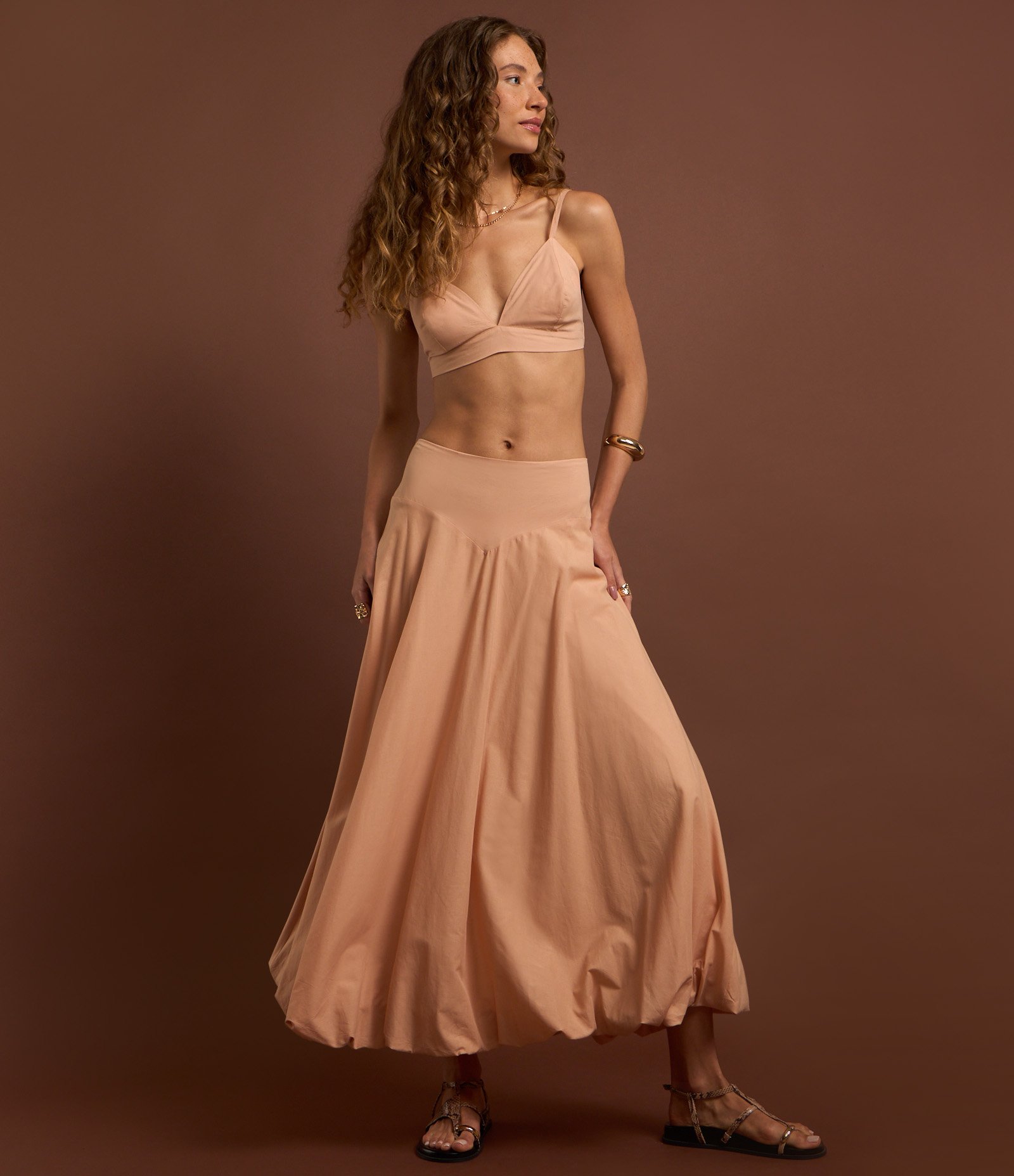 Saia Balonê Midi em Tricoline com Cós Largo Coral 5